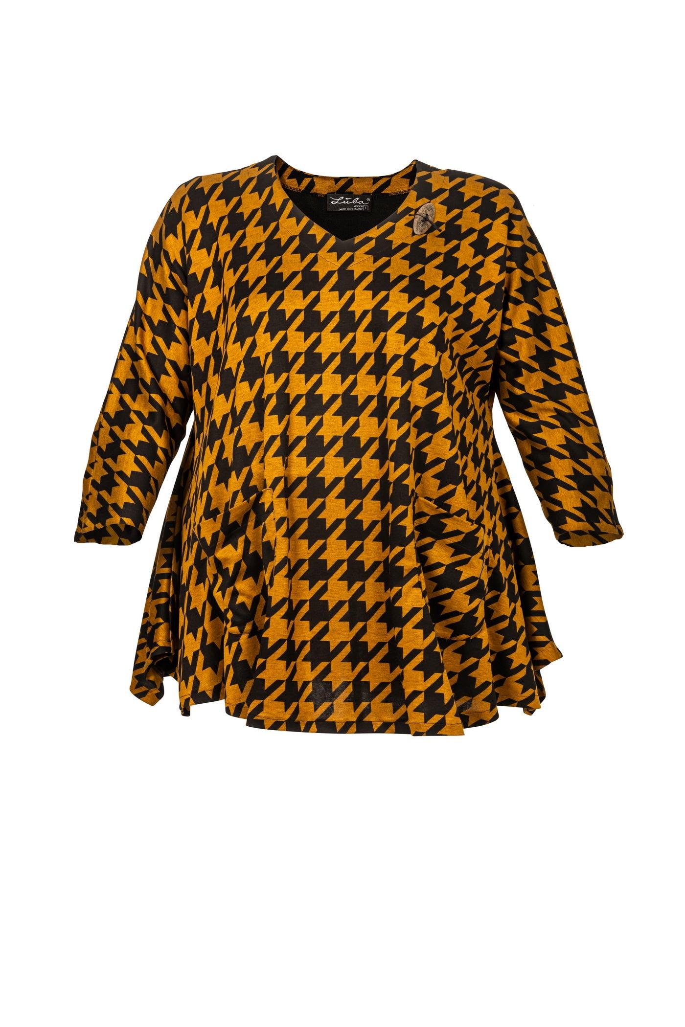 Modische Jersey-Tunika mit Allover-Print, A-Linie, V-Halsausschnitt und langen Ärmeln, 90 cm lang, Schwarz-Senf