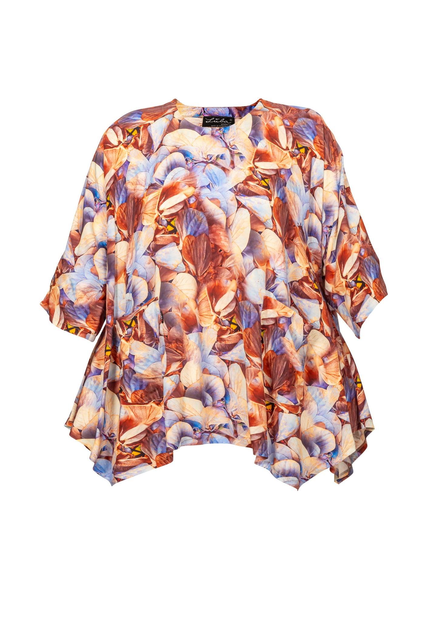 Stilvolle Viskose-Tunika mit Blumen-Print, A-Linie, Rundhalsausschnitt und 3/4 Ärmeln, 85 cm lang, Beige-Blau-Braun.