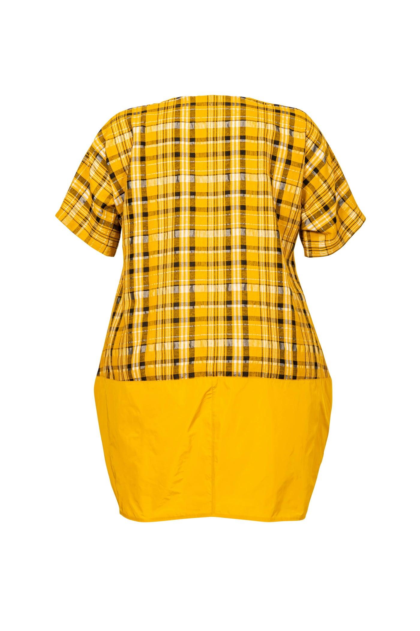 Gelbes Karo Kleid aus Baumwolle Leinen Taft Mix mit Ballon Rock - Luba Moden