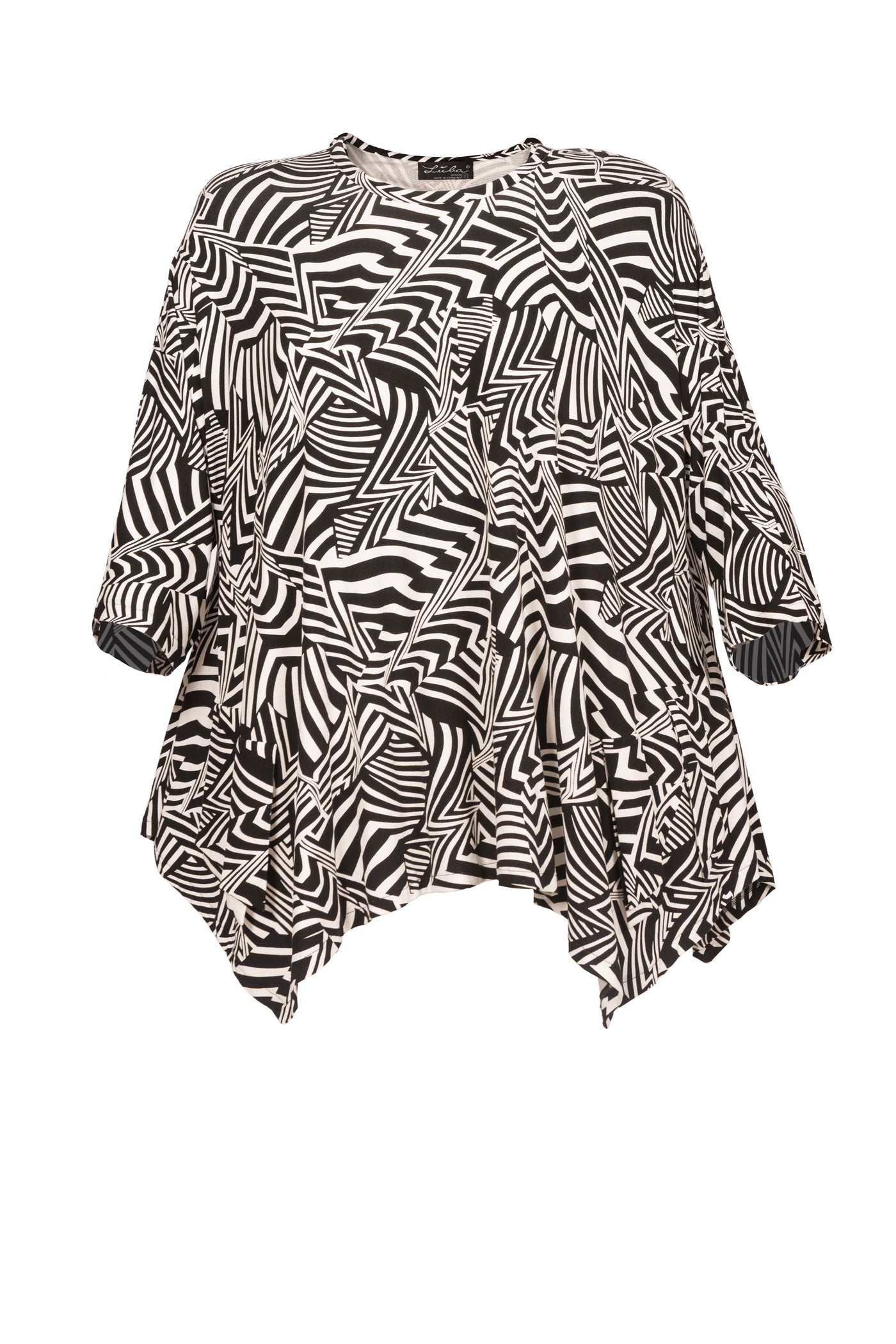 Ausgefallene schwarz-weiß gemusterte Jersey-Tunika, mit High-Low-Saum.