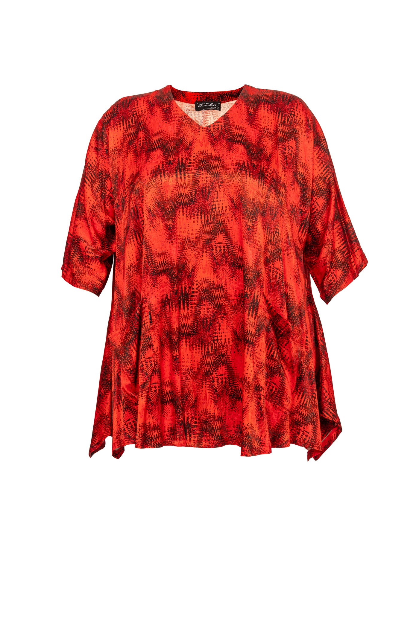 Rot-schwarze Viskose-Satin-Tunika mit V-Halsausschnitt und 2 Taschen - Luba Moden