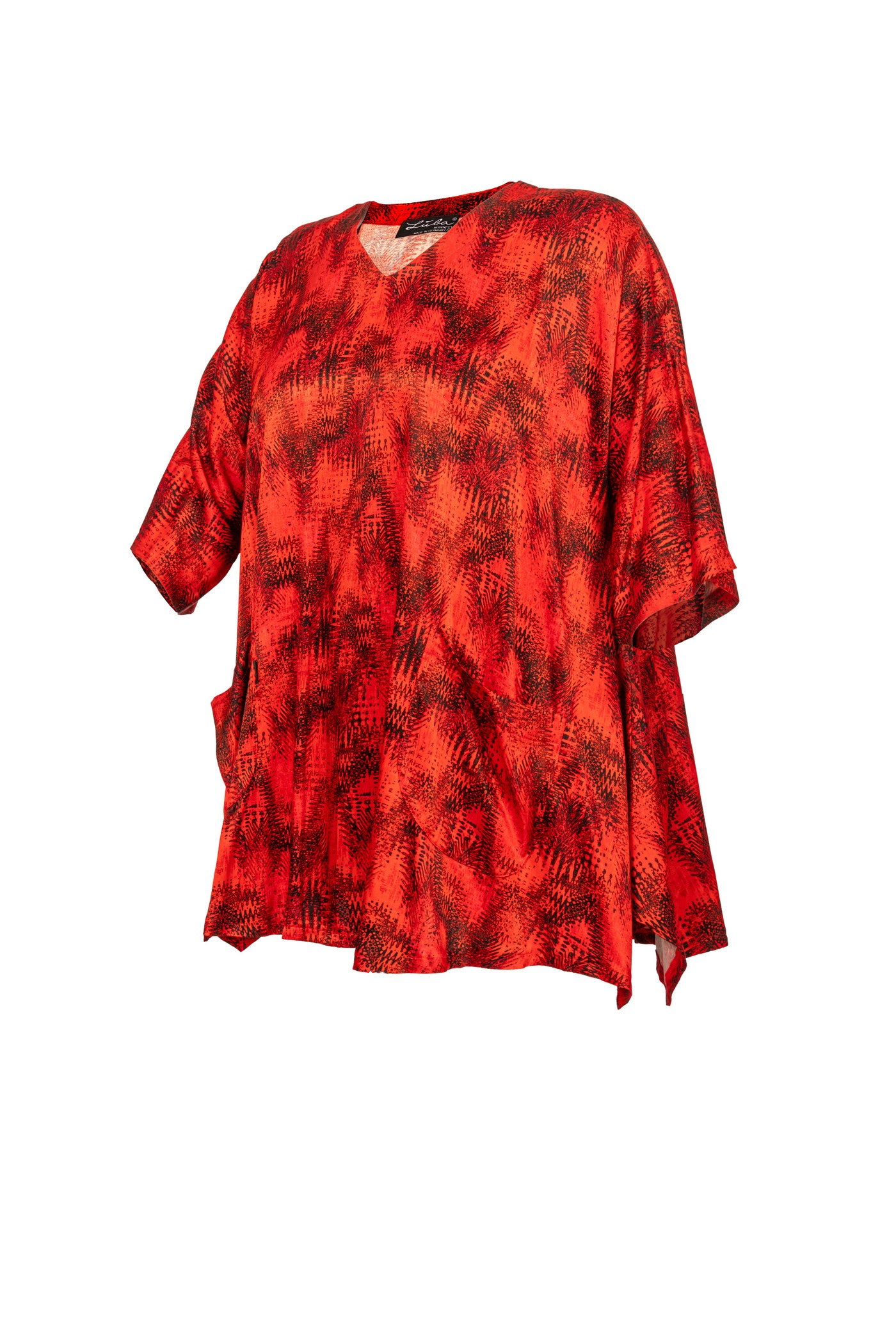 Rot-schwarze Viskose-Satin-Tunika mit V-Halsausschnitt und 2 Taschen - Luba Moden