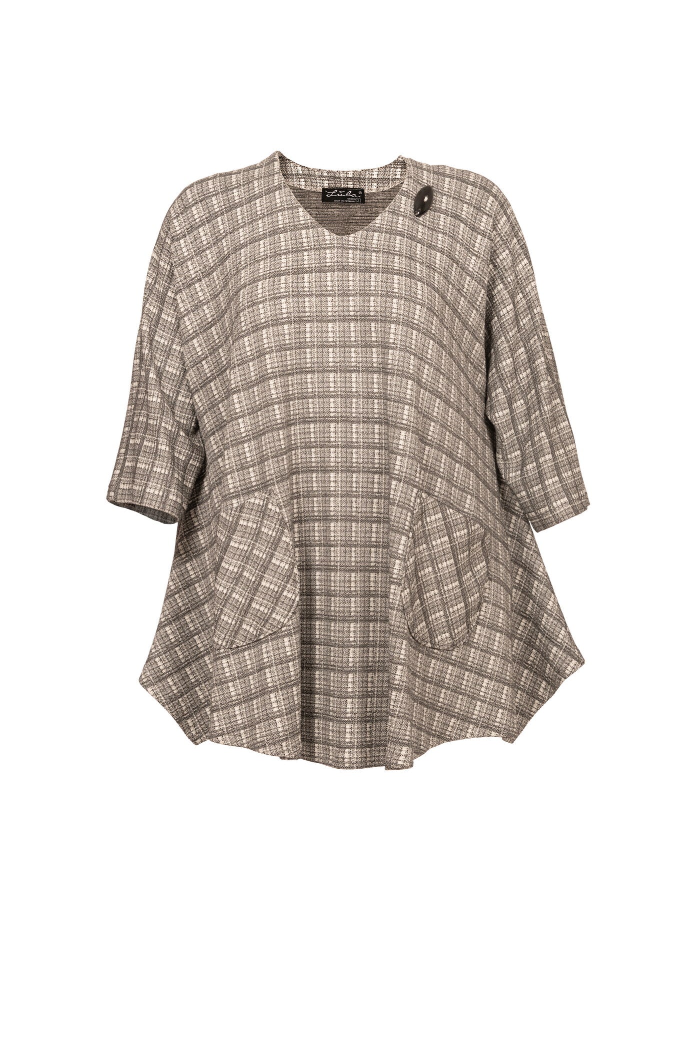 Grau-weiß karierte Jacquard-Tunika mit V-Ausschnitt und schwarzem Knopf - Luba Moden