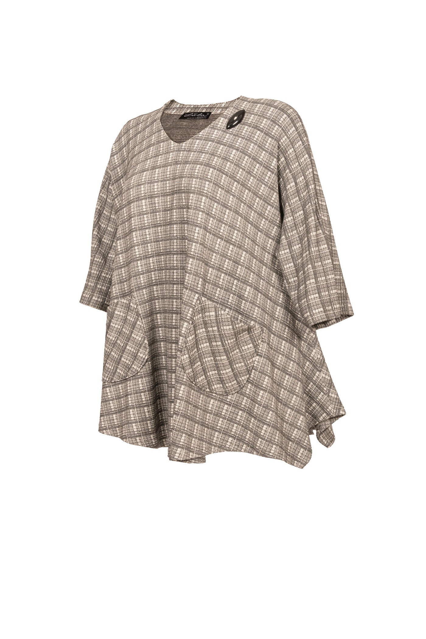 Grau-weiß karierte Jacquard-Tunika mit V-Ausschnitt und schwarzem Knopf - Luba Moden