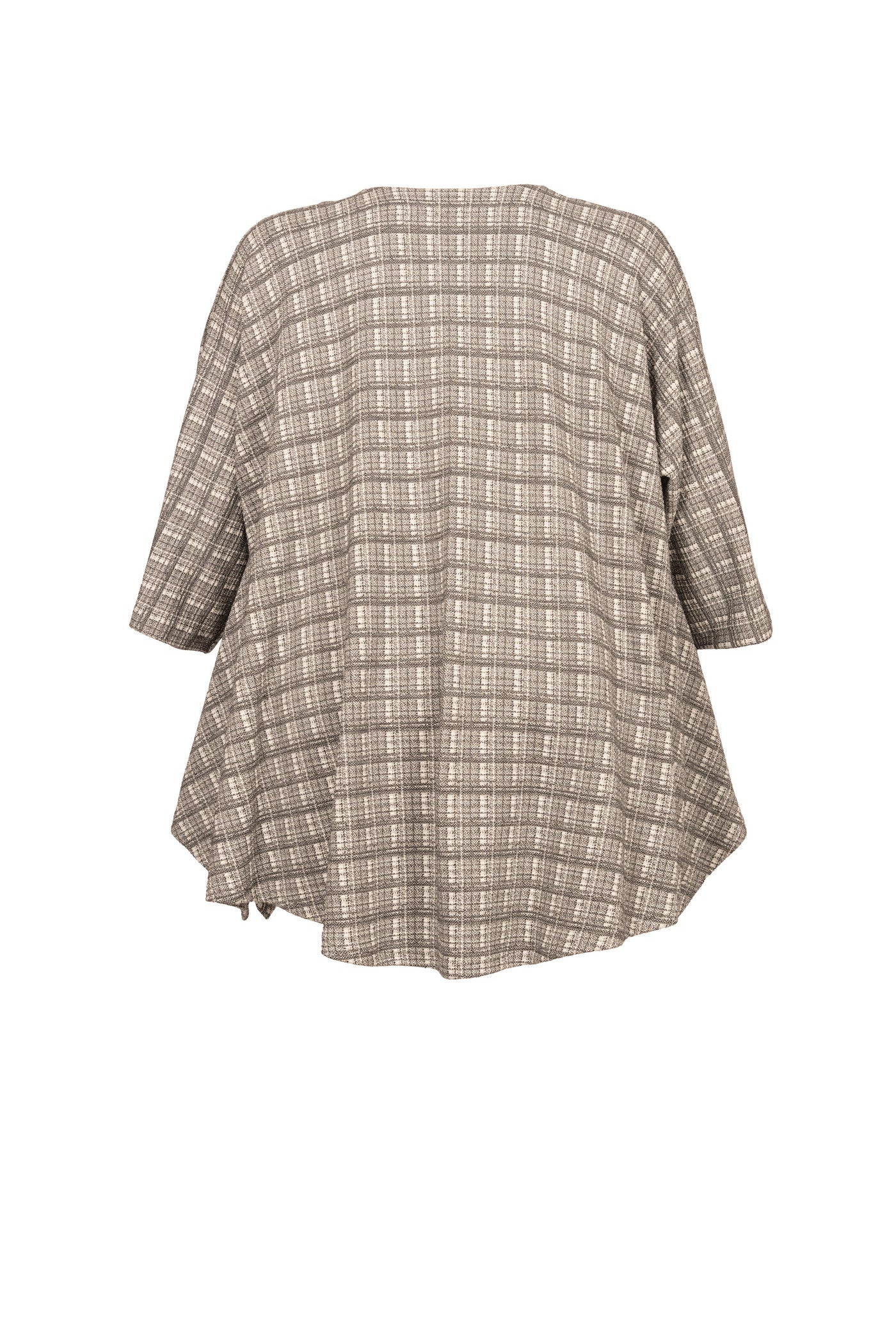 Grau-weiß karierte Jacquard-Tunika mit V-Ausschnitt und schwarzem Knopf - Luba Moden