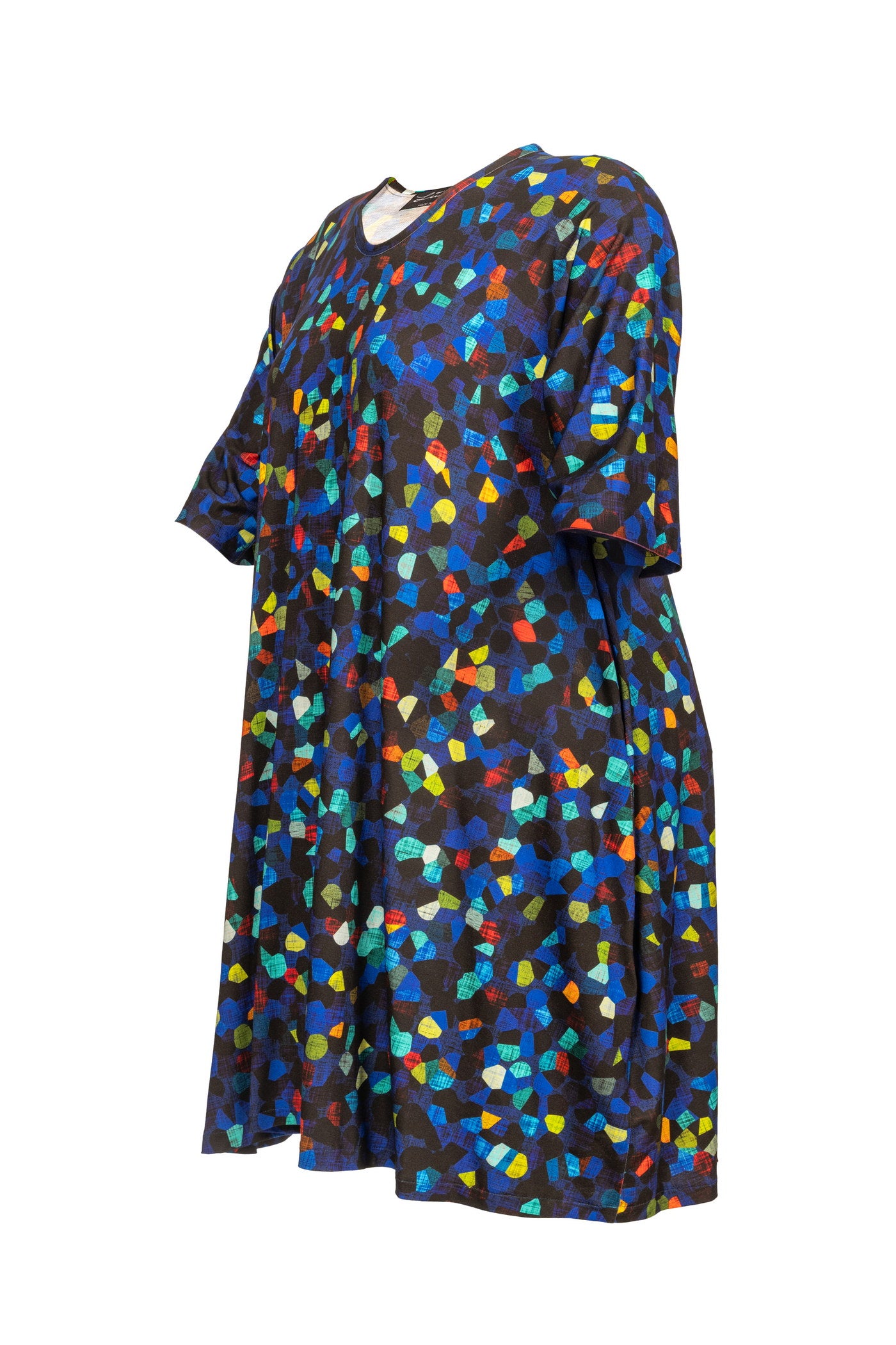 Blaues Jersey-Ballon-Kleid mit bunten Punkten.