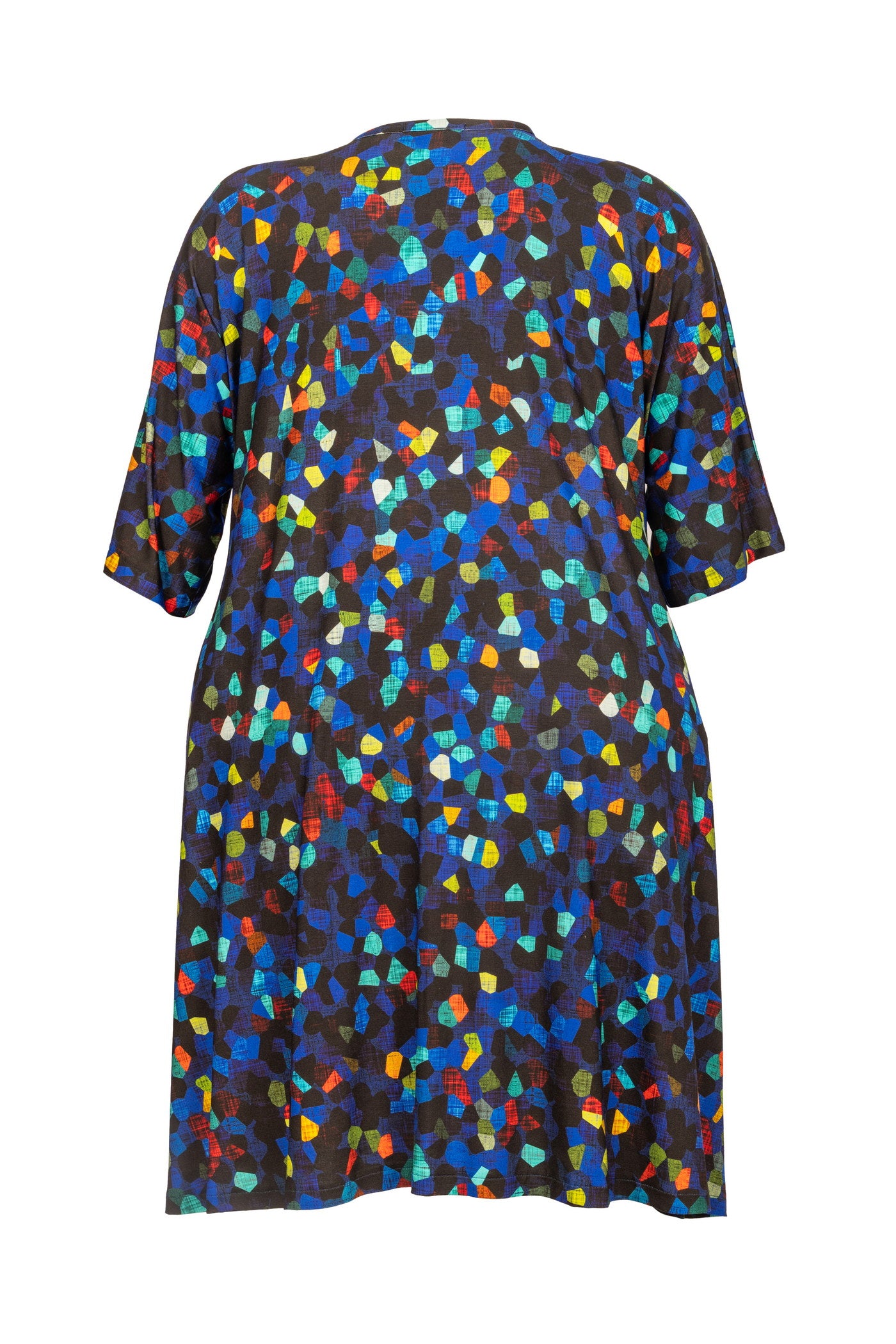 Blaues Jersey-Ballon-Kleid mit bunten Punkten.