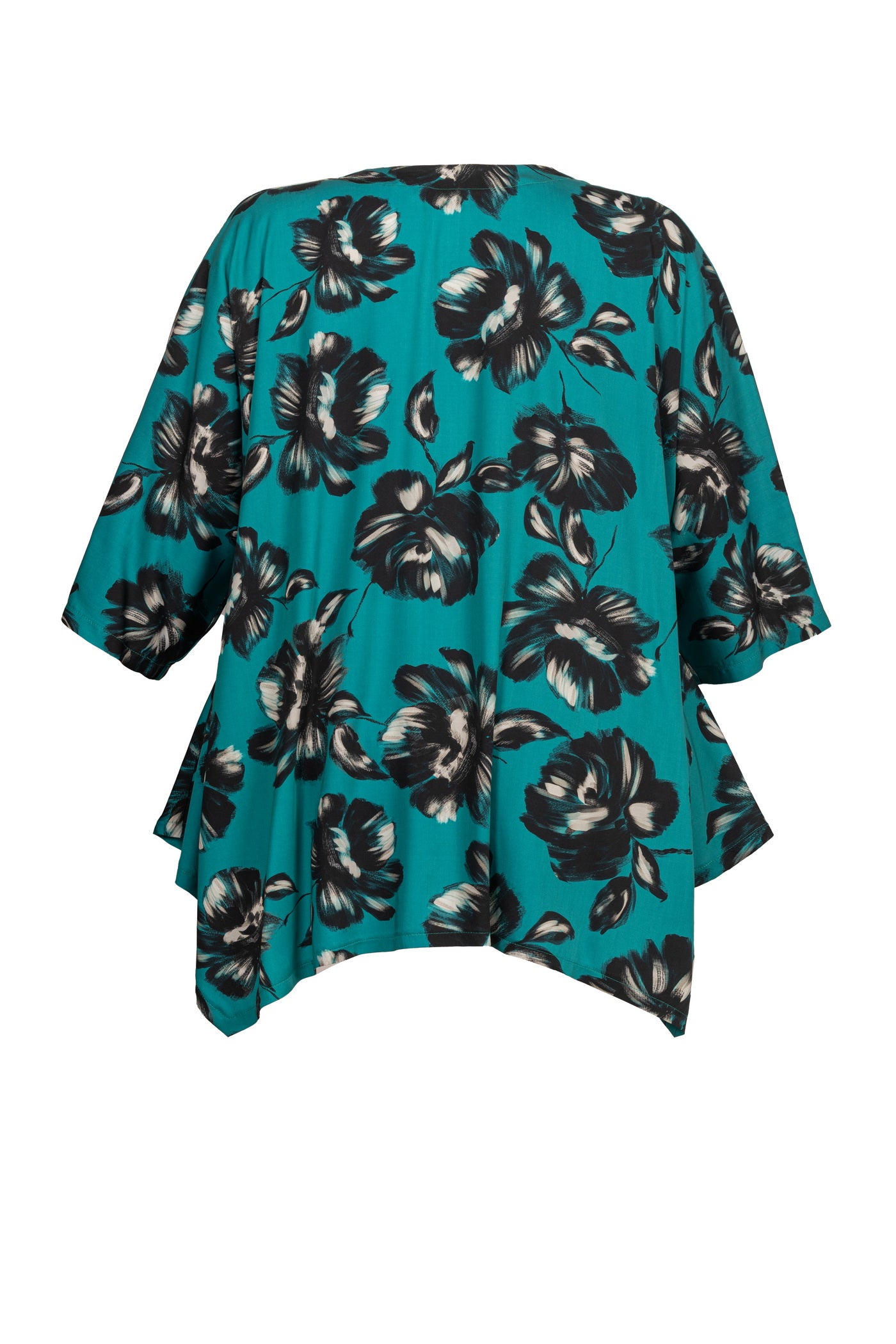 Viskose Satin Tunika mit Flower Print in Petrol - Luba Moden