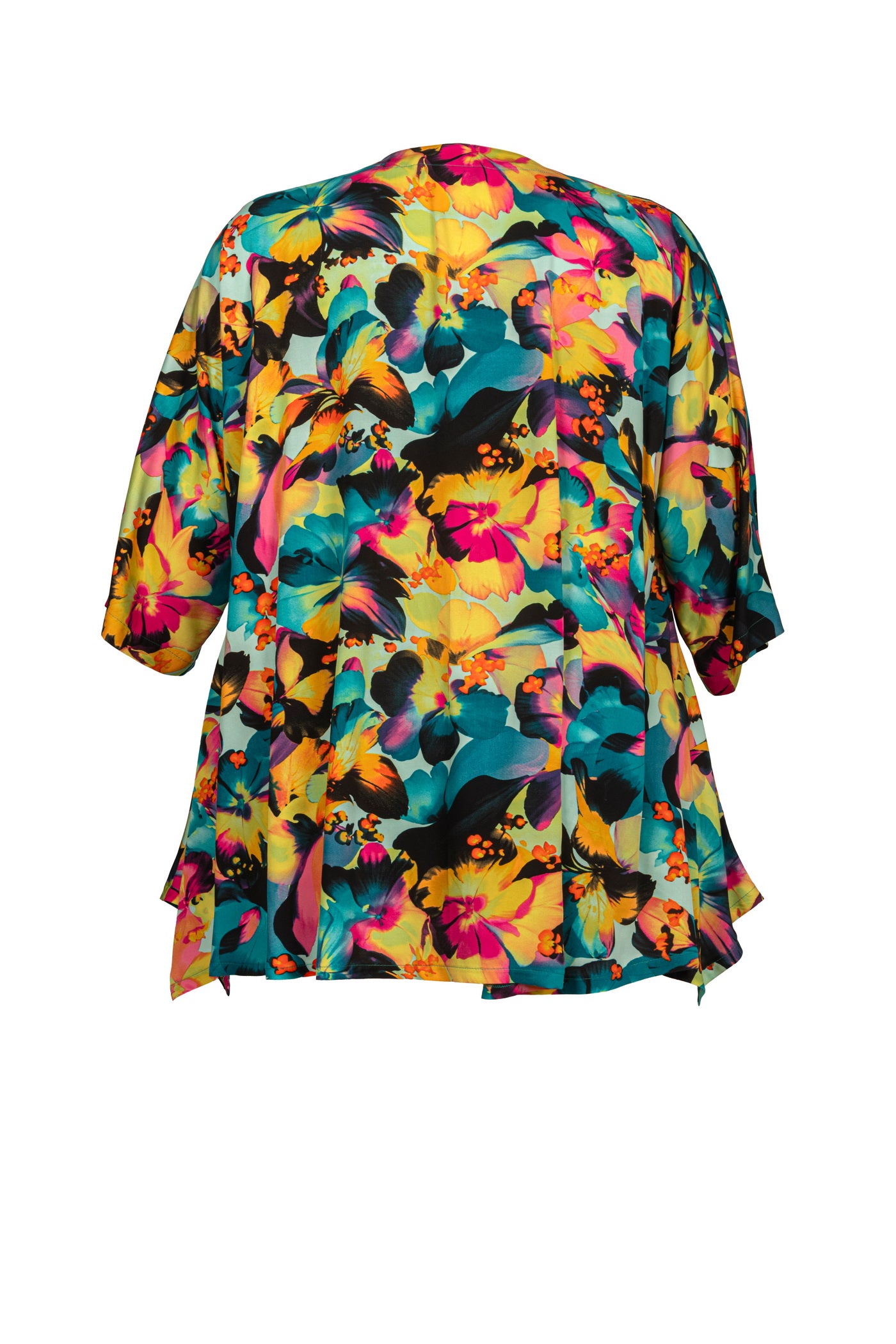 Rückaufnahme der bunten Flower Viskose Tunika – eleganter, sommerlicher Look in großen Größen