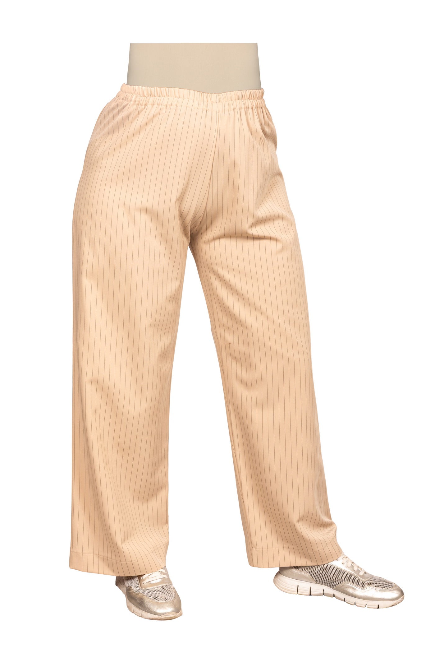 Marlene-Hose, beige mit schwarzen Nadelstreifen.