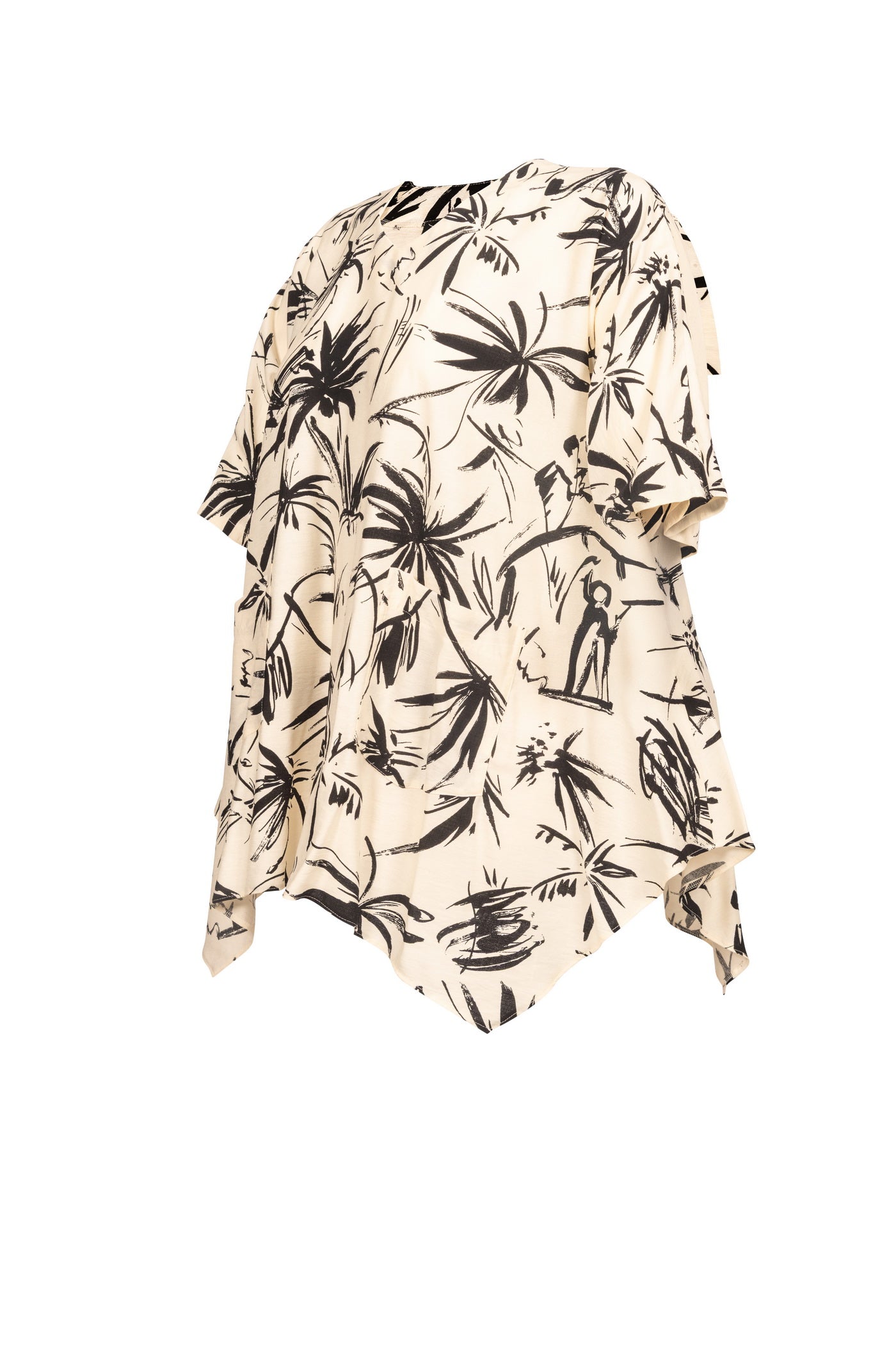 Viskose-Tunika in weiß mit schwarzen Palmblätter und Zipfelsaum.