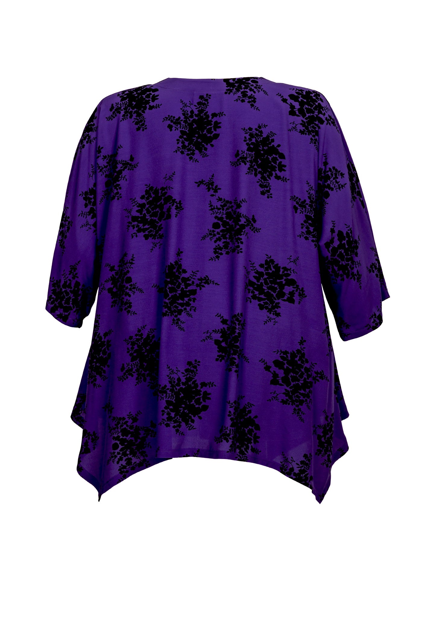 Weiche lila Viskose-Tunika mit schwarzem Blumenmuster und Zipfelsaum.