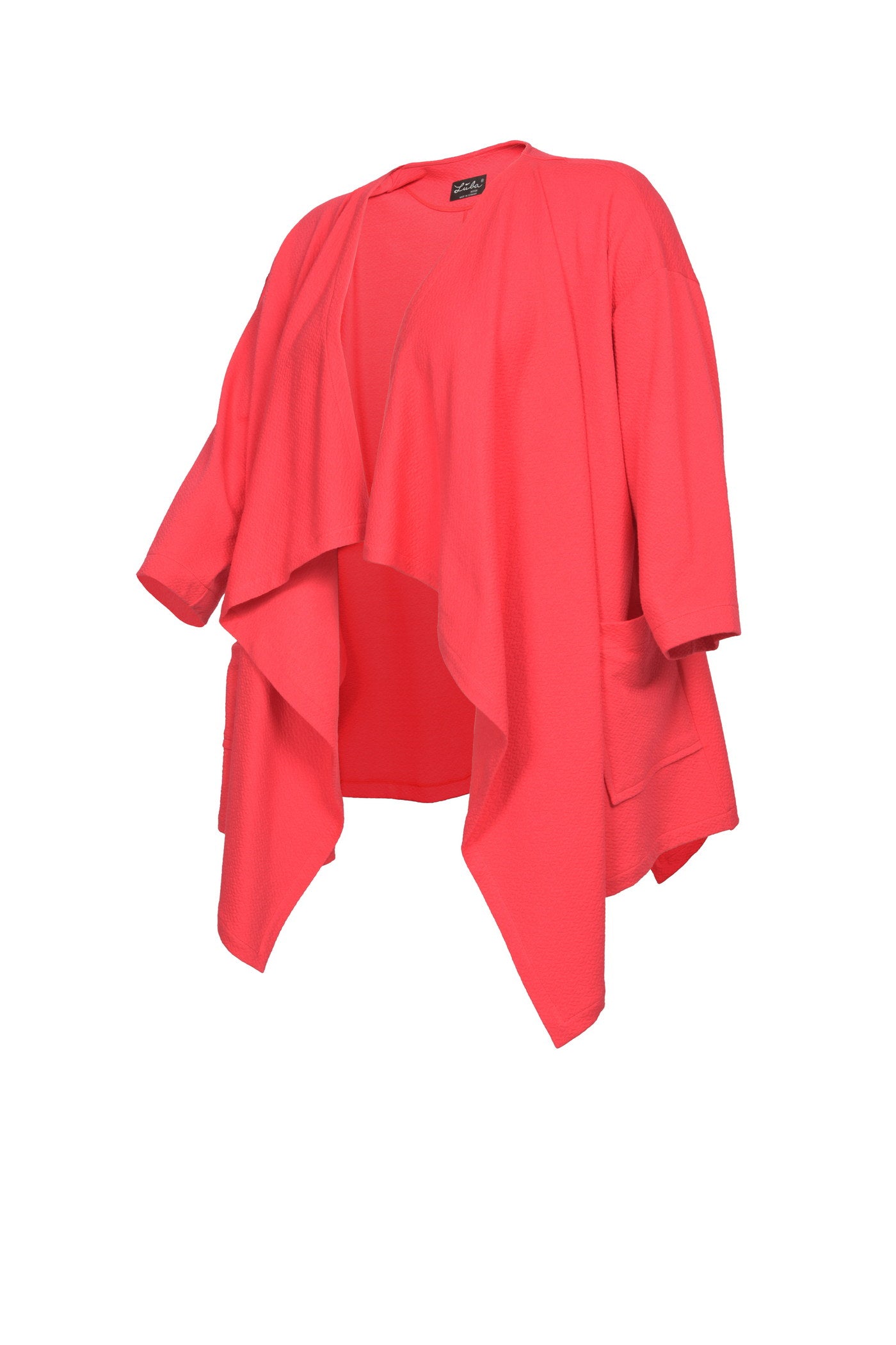 Offen gehaltener, coralroter Jacquard-Cardigan.