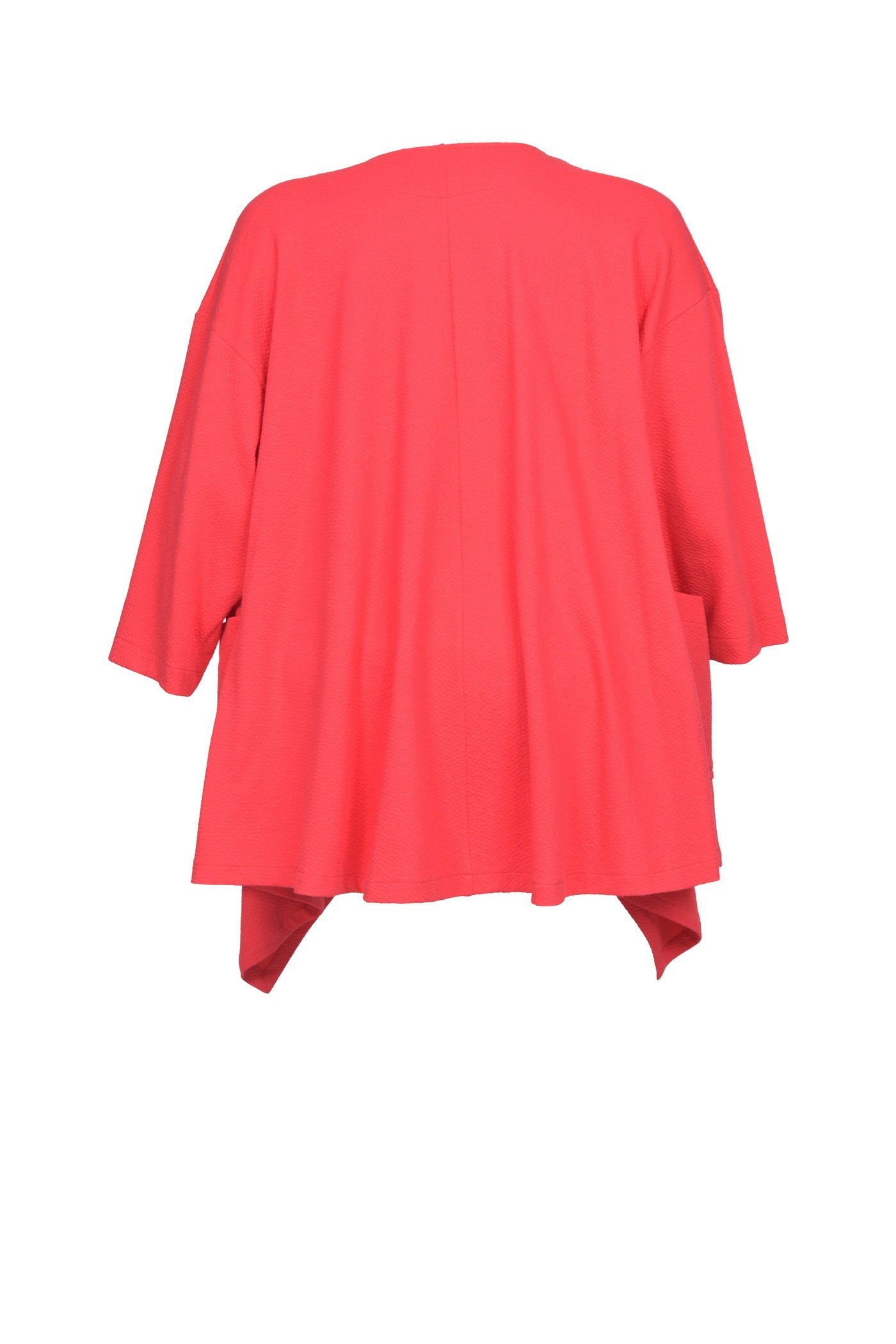 Offen gehaltener, coralroter Jacquard-Cardigan.