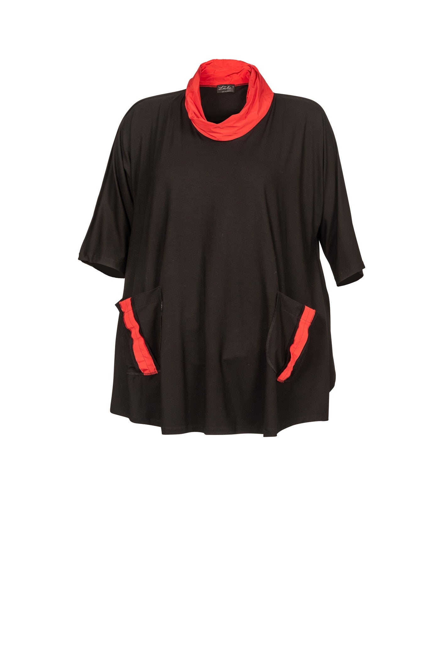 Ausgefallene Jersey-Tunika mit rotem Taft-Kragen und rote Deko-Streifen an den Taschen. (Copy)
