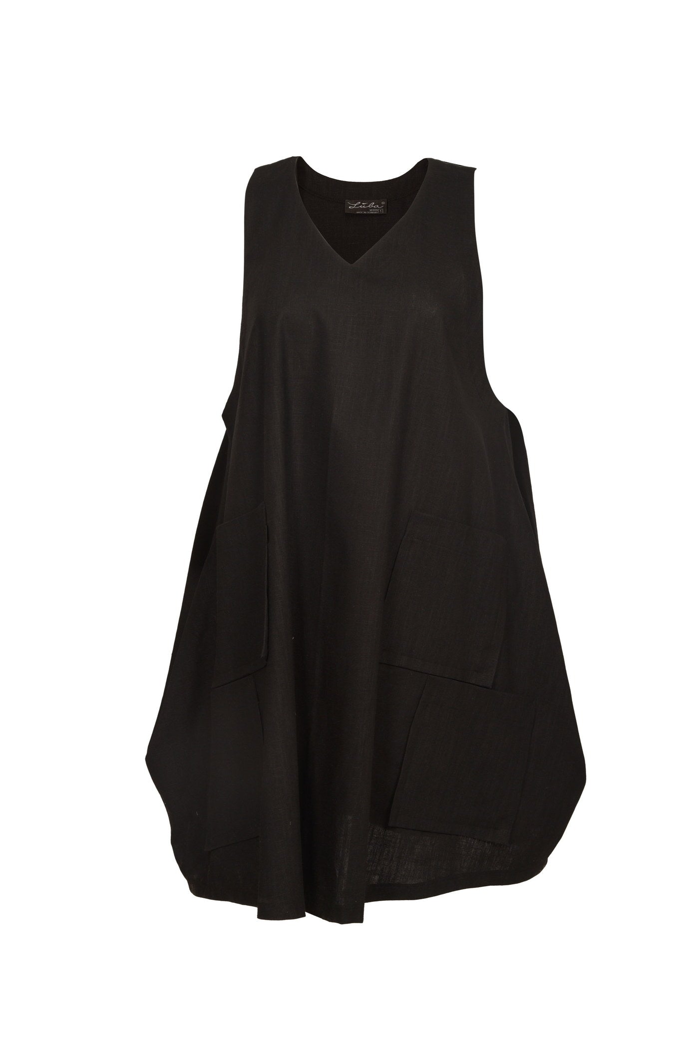 Ausgefallenes schwarzes Überkleid aus Leinen.