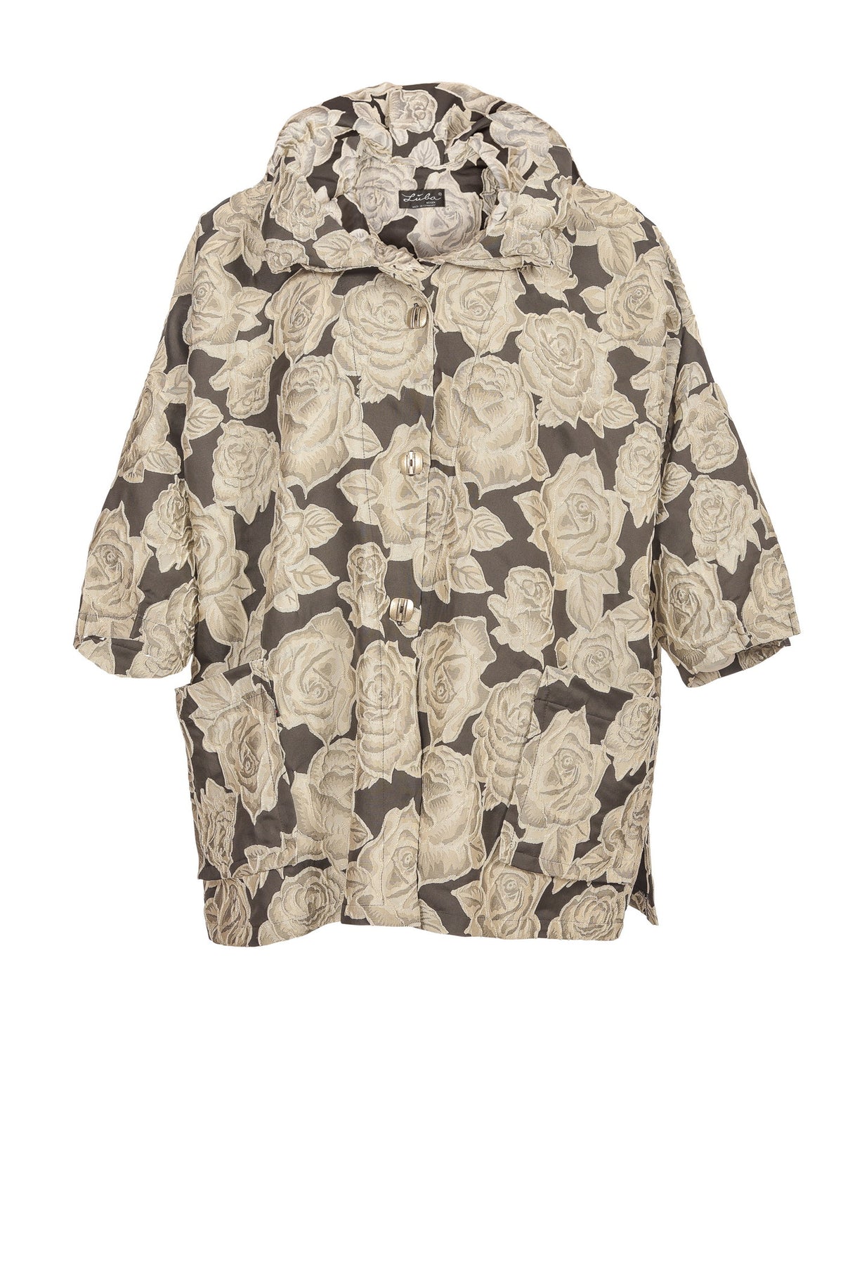 Schwarze Jacquard Jacke mit Rosenblütendruck - große Größen