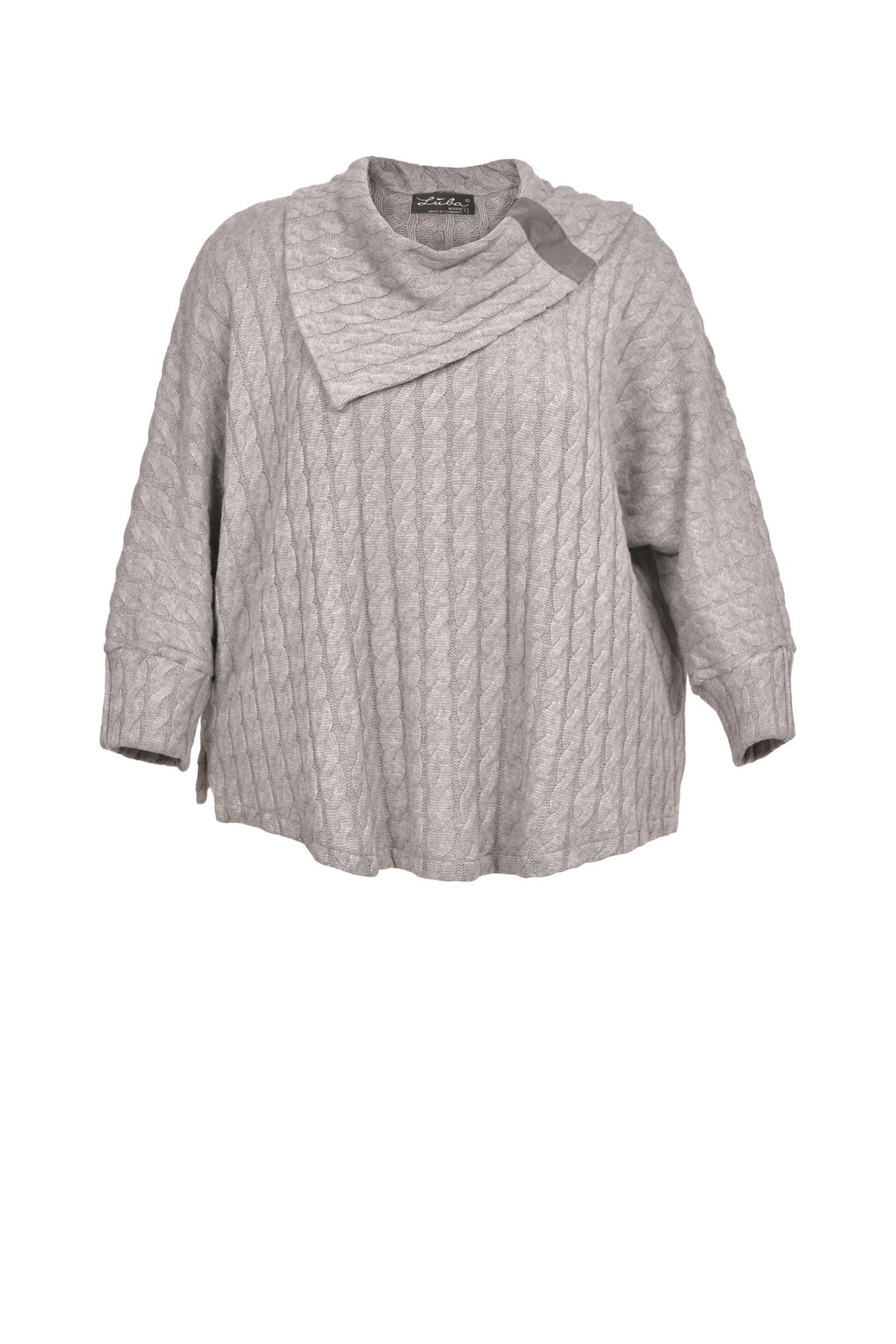 Grauer Zopf-Pullover mit Bündchen und asymmetrischem Kragen – große Größen.