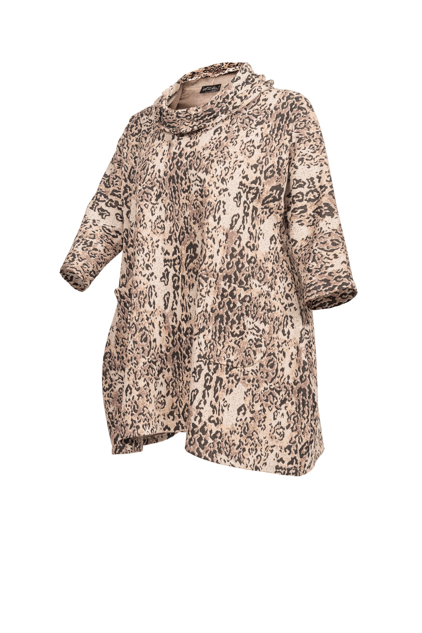 Beige Schwarze Baumwoll Tunika mit Kapuze für mollige damen von der seitenaussicht