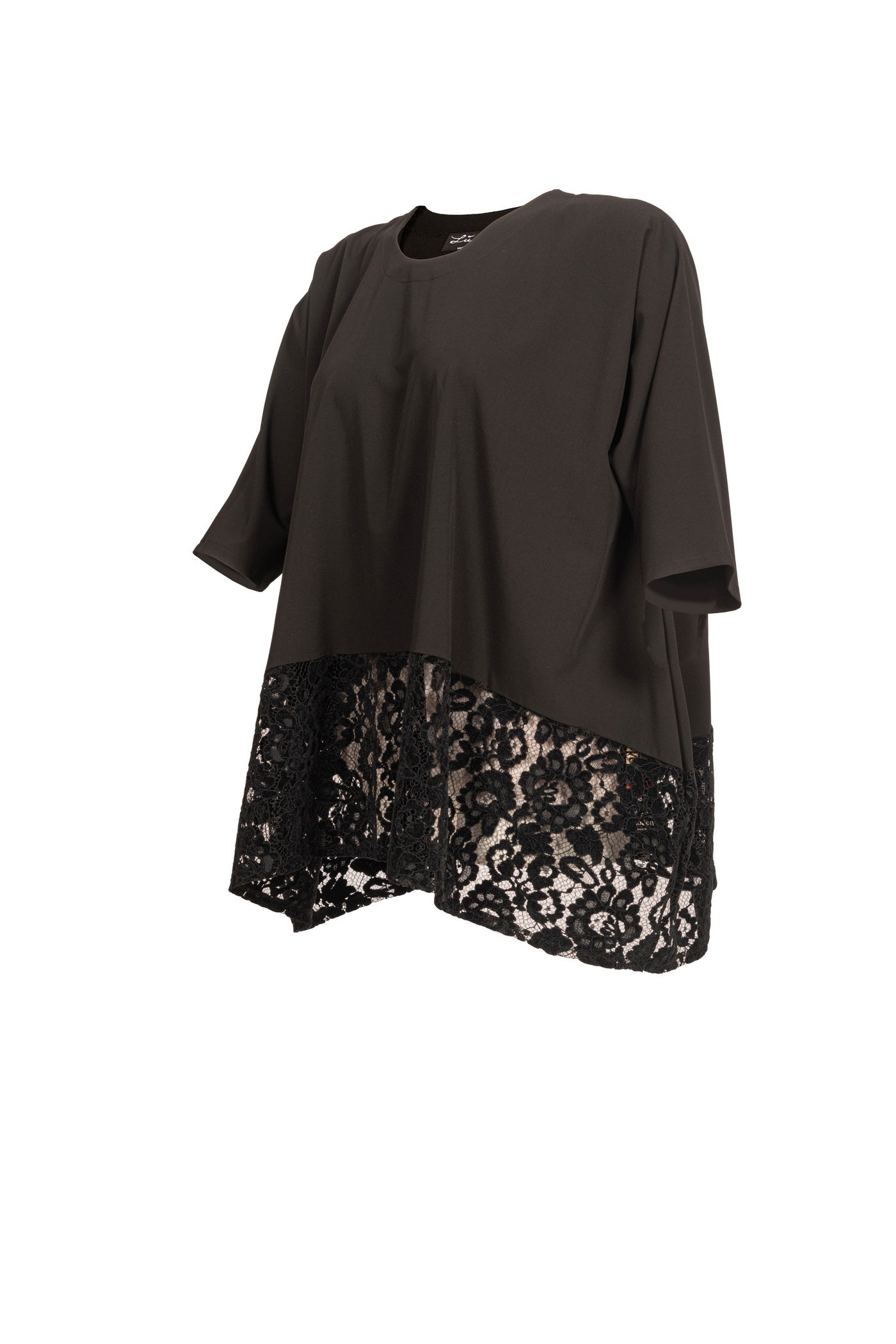 Elegante schwarze Tunika mit Spitzeneinsatz am Saum ansicht von der seite