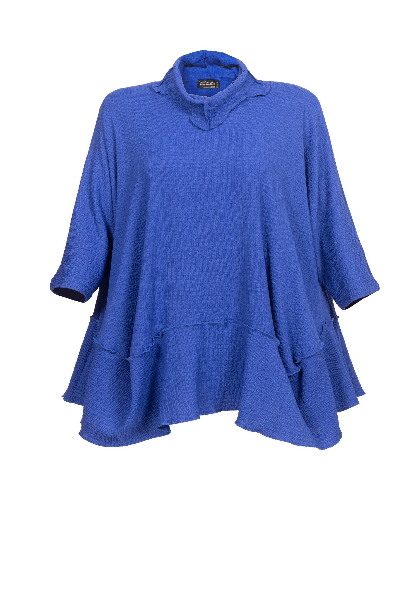 Royal-Blaue Crinkle-Tunika mit Volant Saum , ansicht von vorne, von LubaModen