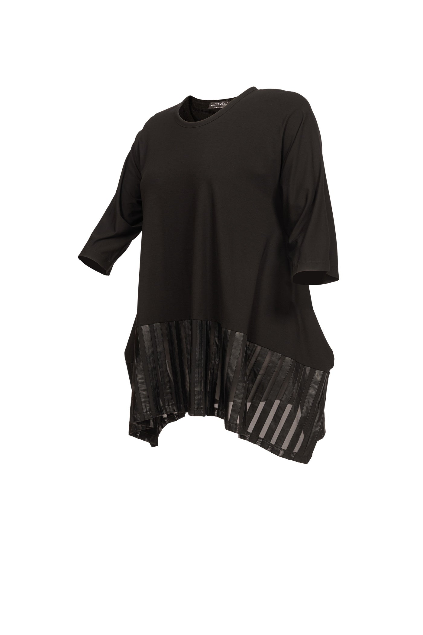 Schwarze Jersey-Tunika mit Netzeinsatz und Lederstreifen am Saum ansicht von der seite