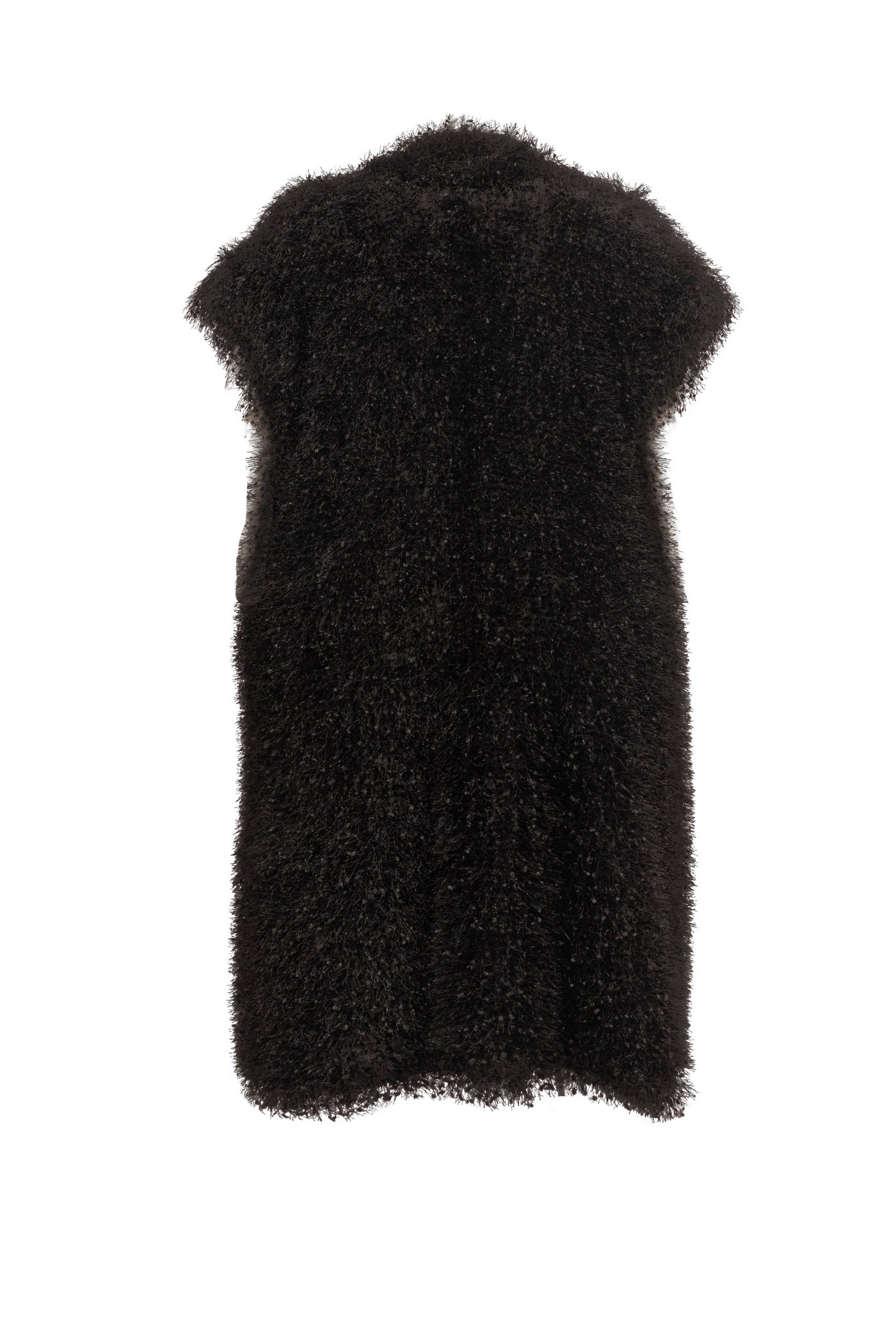 Schwarze lange flauschige Kunstfell-Weste Ansicht von Hinten mit weißem hintergrund