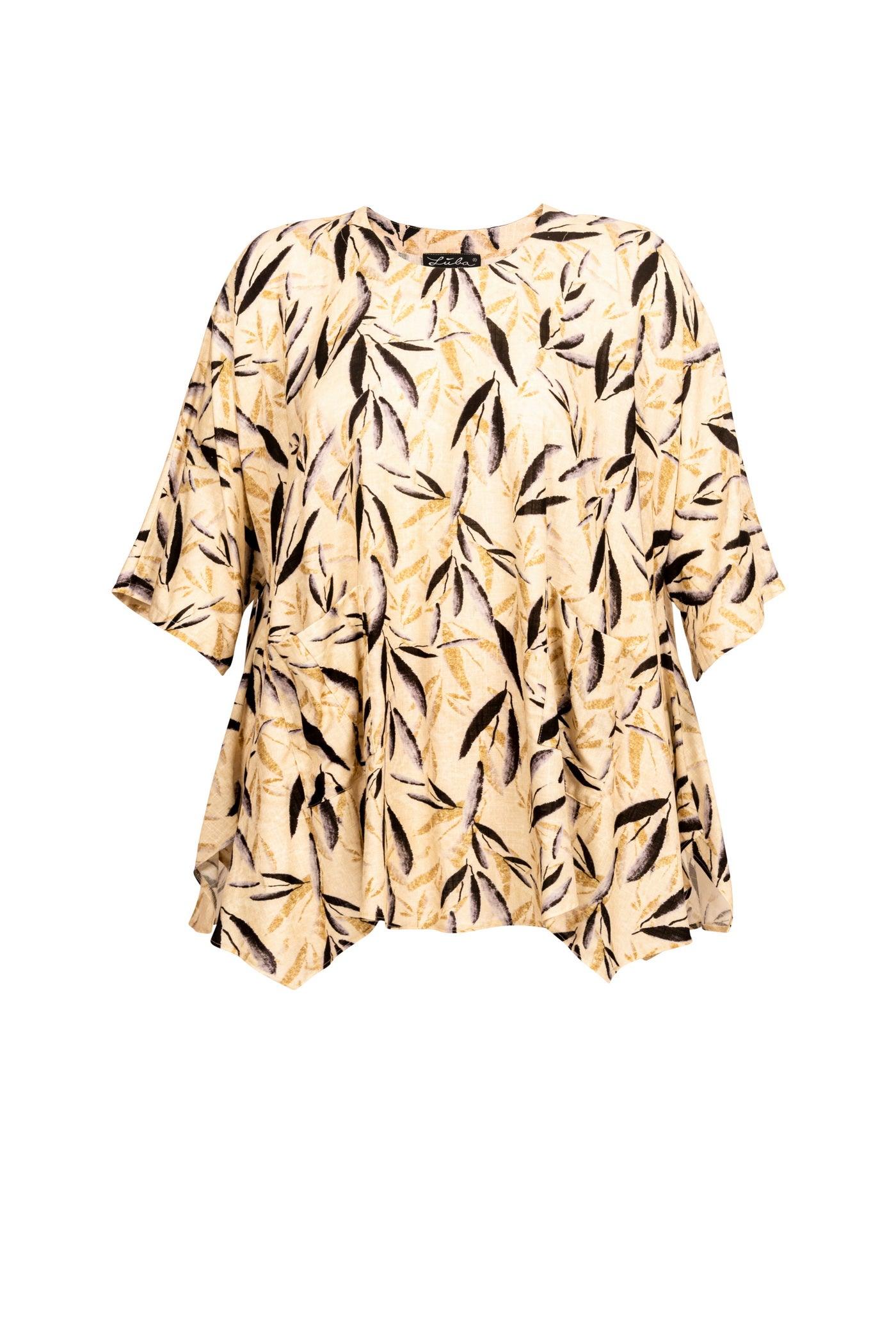 Beige Tunika aus Viskose-Leinen-Mix mit Flower-Print und Rundhalsausschnitt Vorderansicht