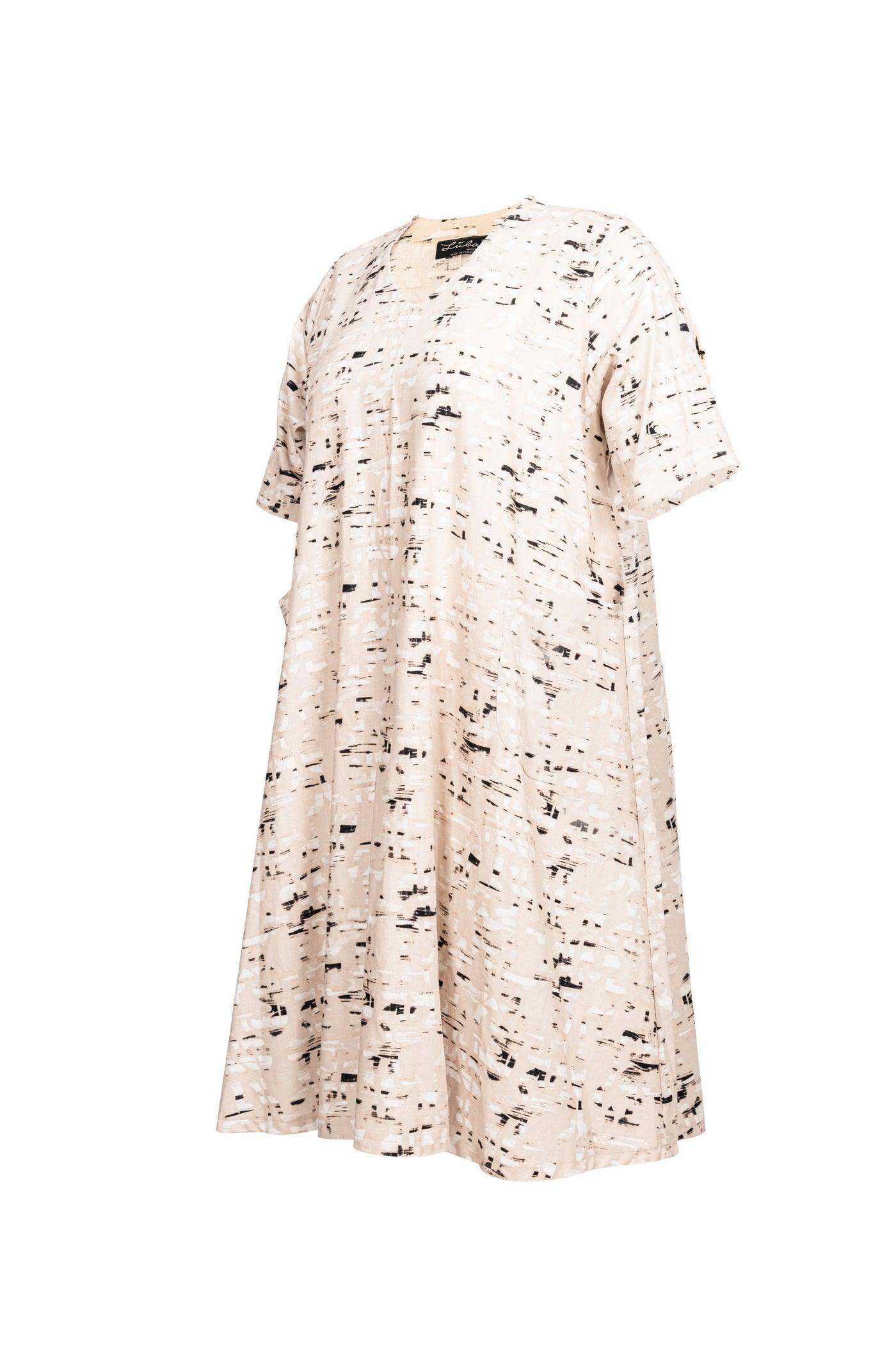 Beiges Leinen-Baumwolle-Kleid mit Allover-Print - Seitenansicht
