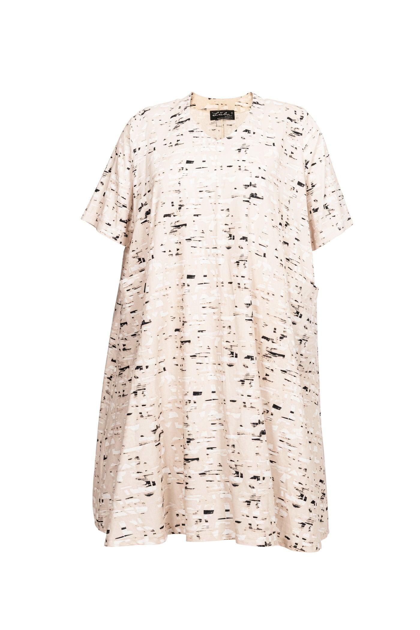 Beiges Leinen-Baumwolle-Kleid mit Allover-Print - Vorderansicht