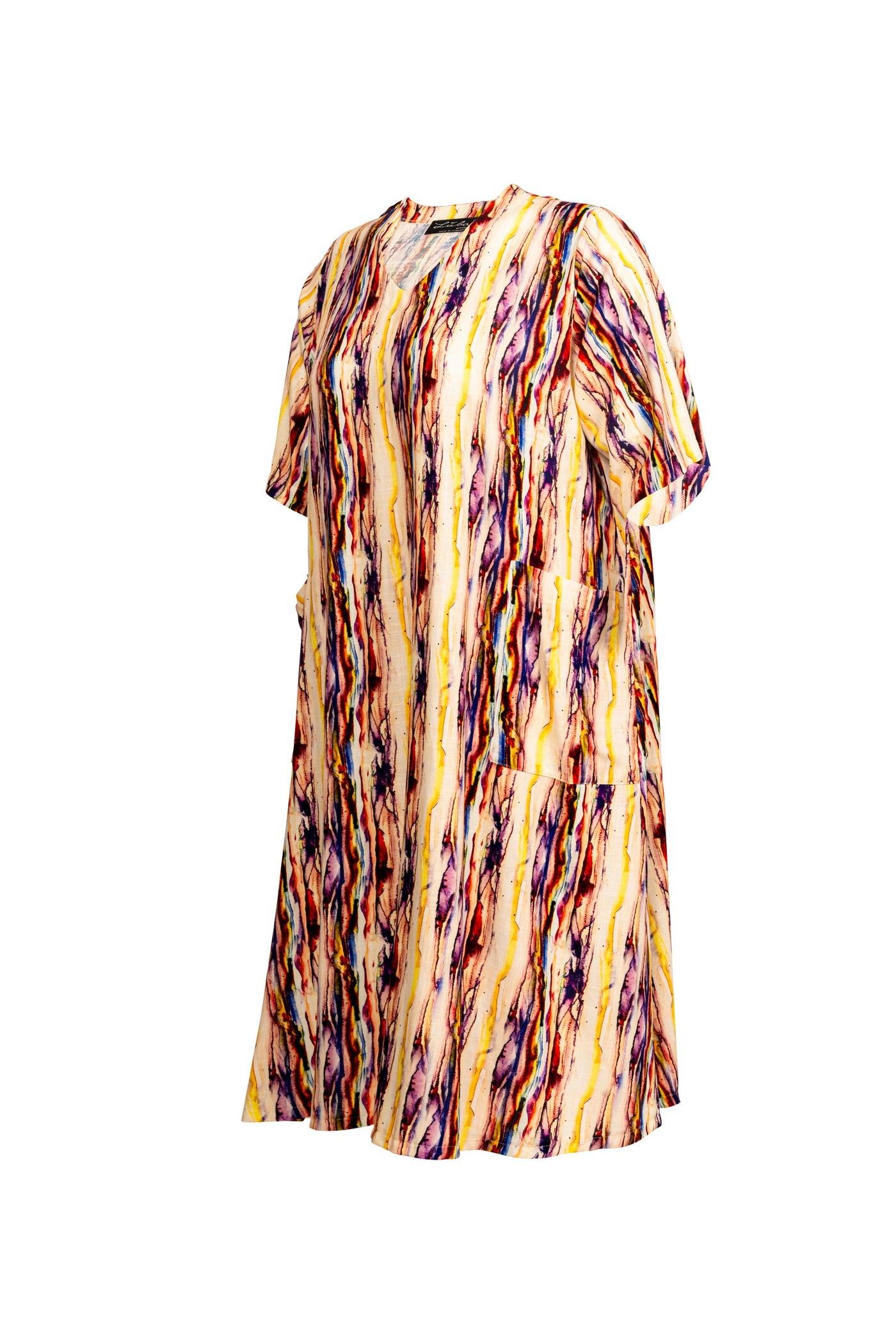 Detailansicht Beiges Leinen-Kleid mit Viskose-Leinen-Stoffmix und V-Ausschnitt
