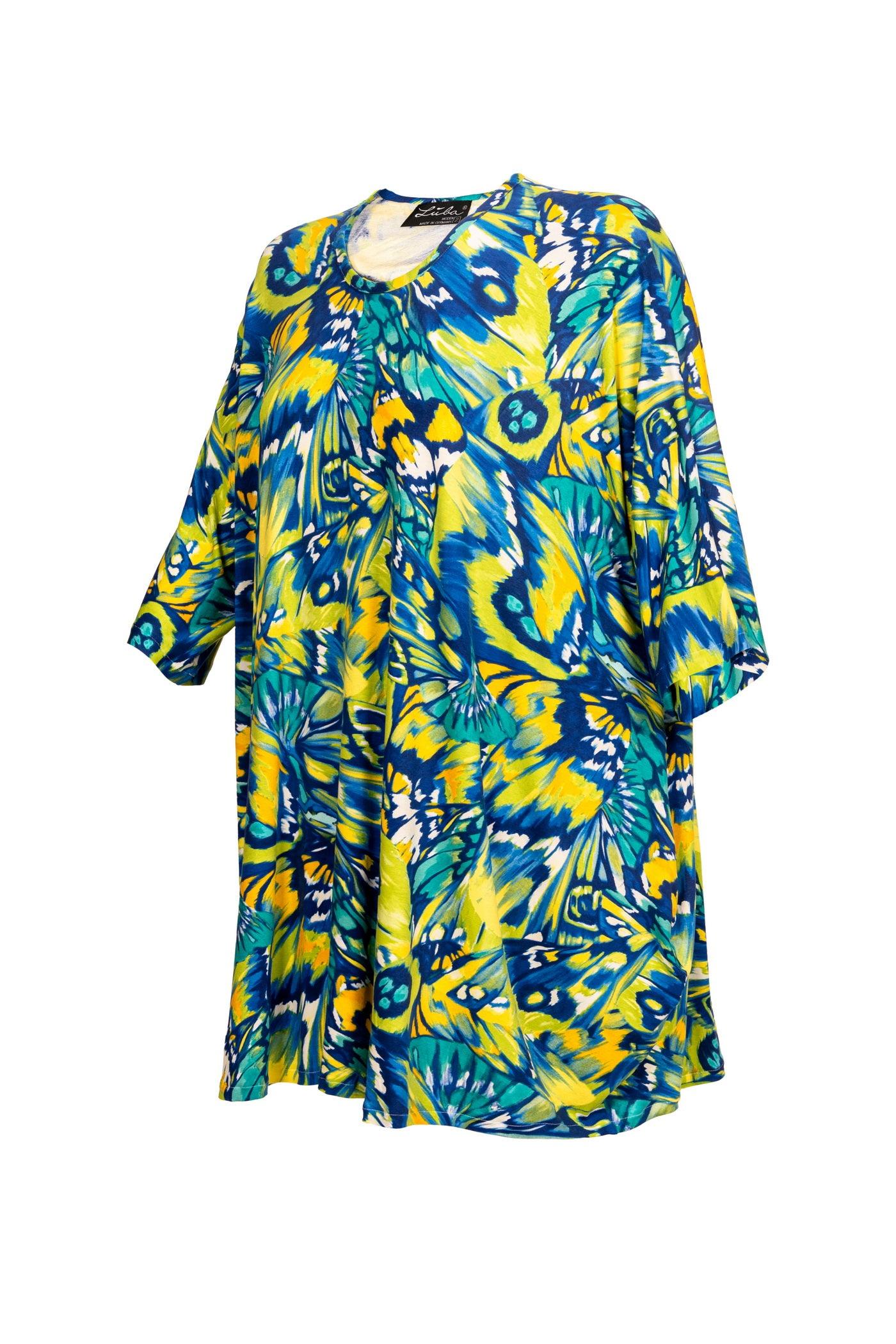Rückansicht Blau-Gelbes Ballon-Kleid mit Schmetterling-Motiv