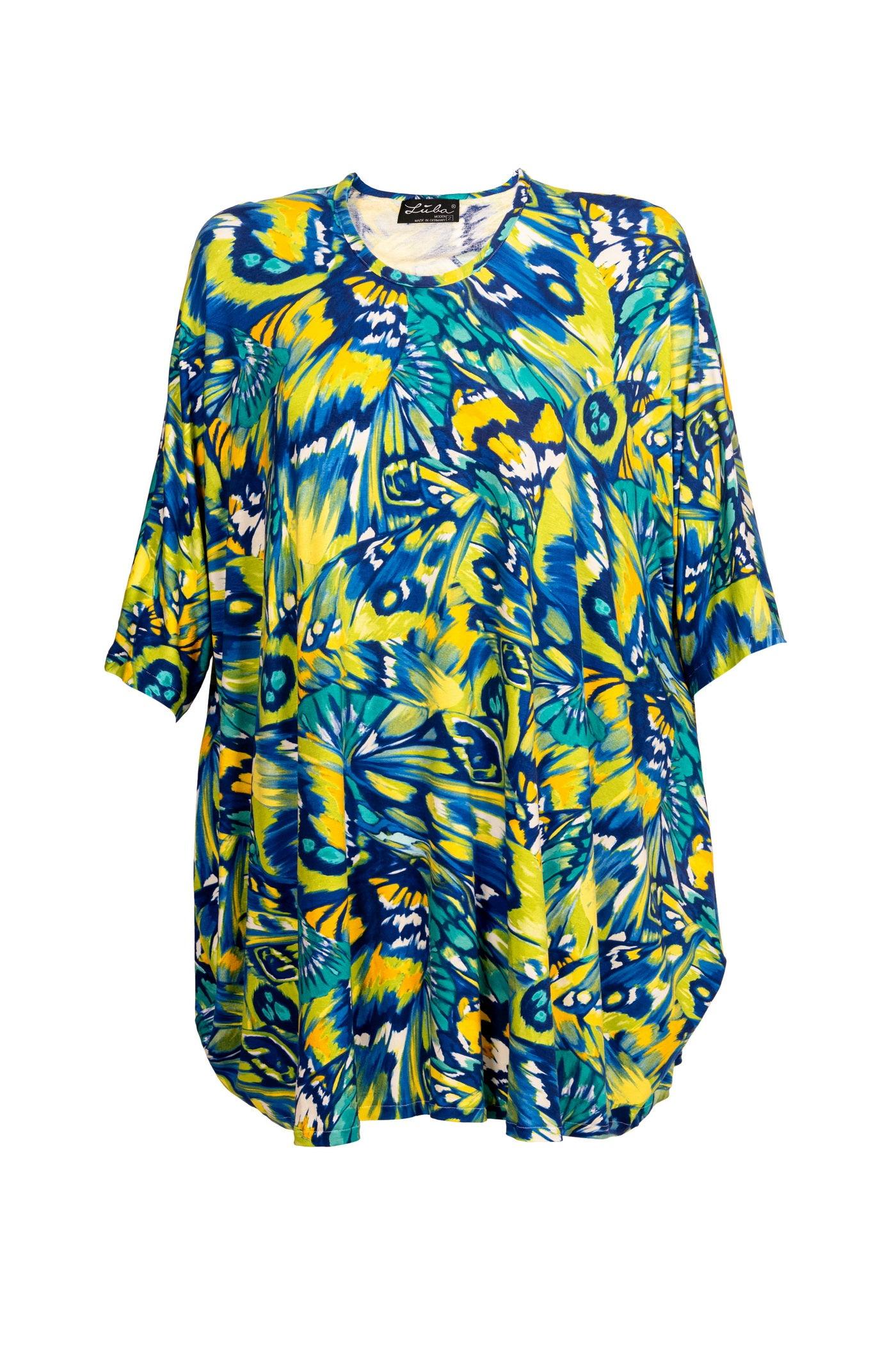 Frontansicht Blau-Gelbes Ballon-Kleid mit Schmetterling-Motiv