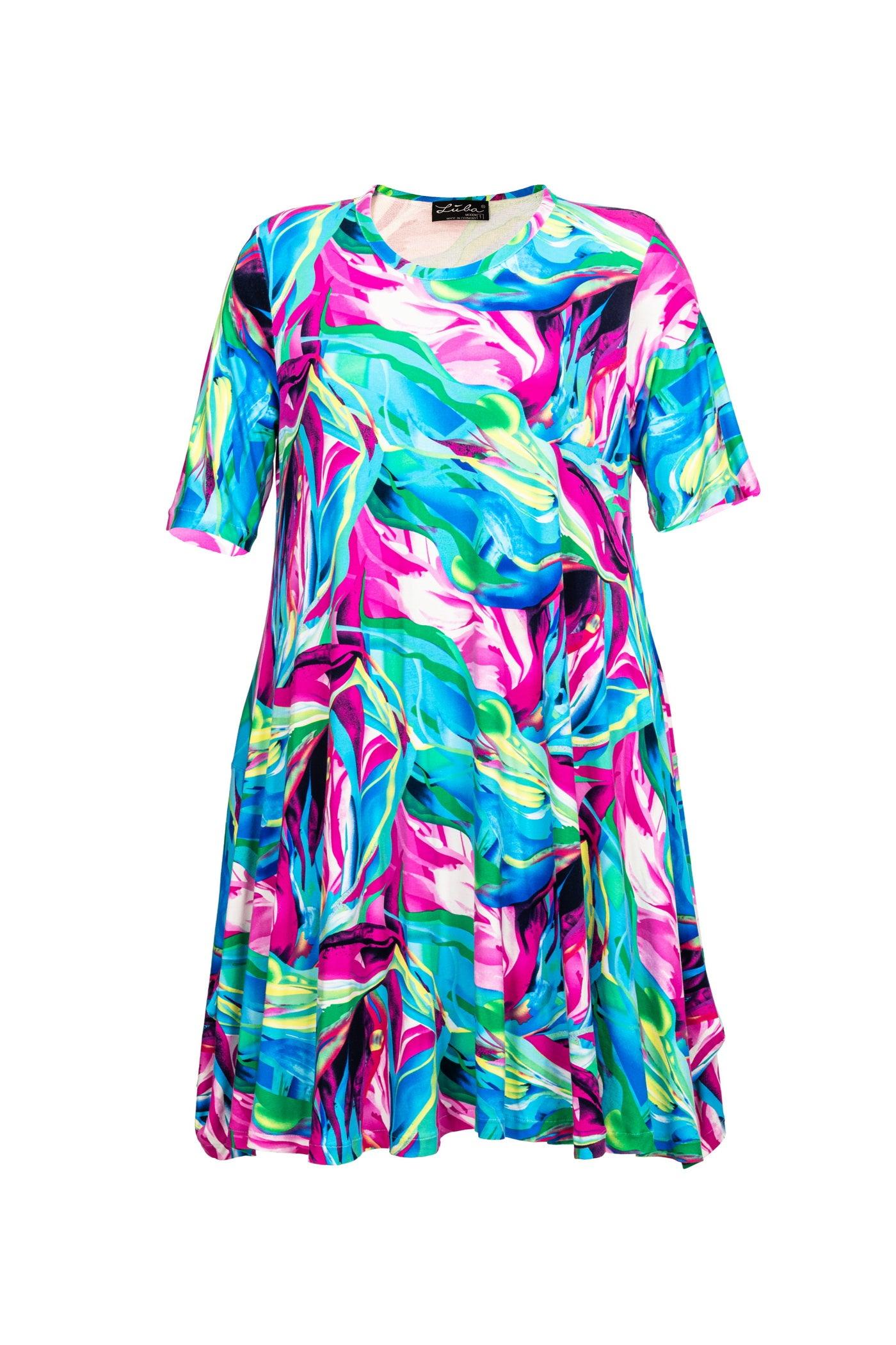 Blau-pink-grün-weißes Jersey-Viskose-Kleid mit Flower-Print - Vorderansicht