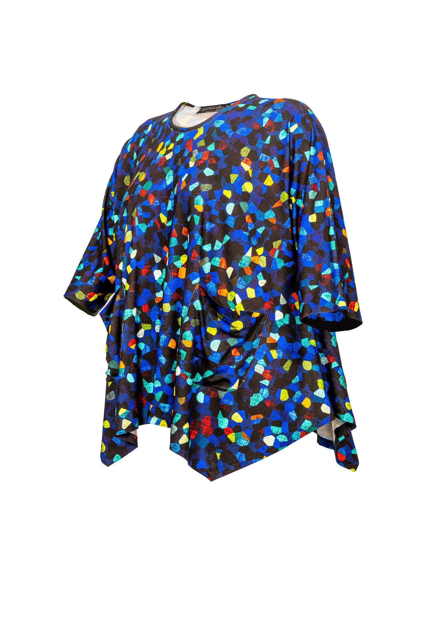 Seitenansicht: Blaue Jersey-Tunika, A-Linie, große Größen