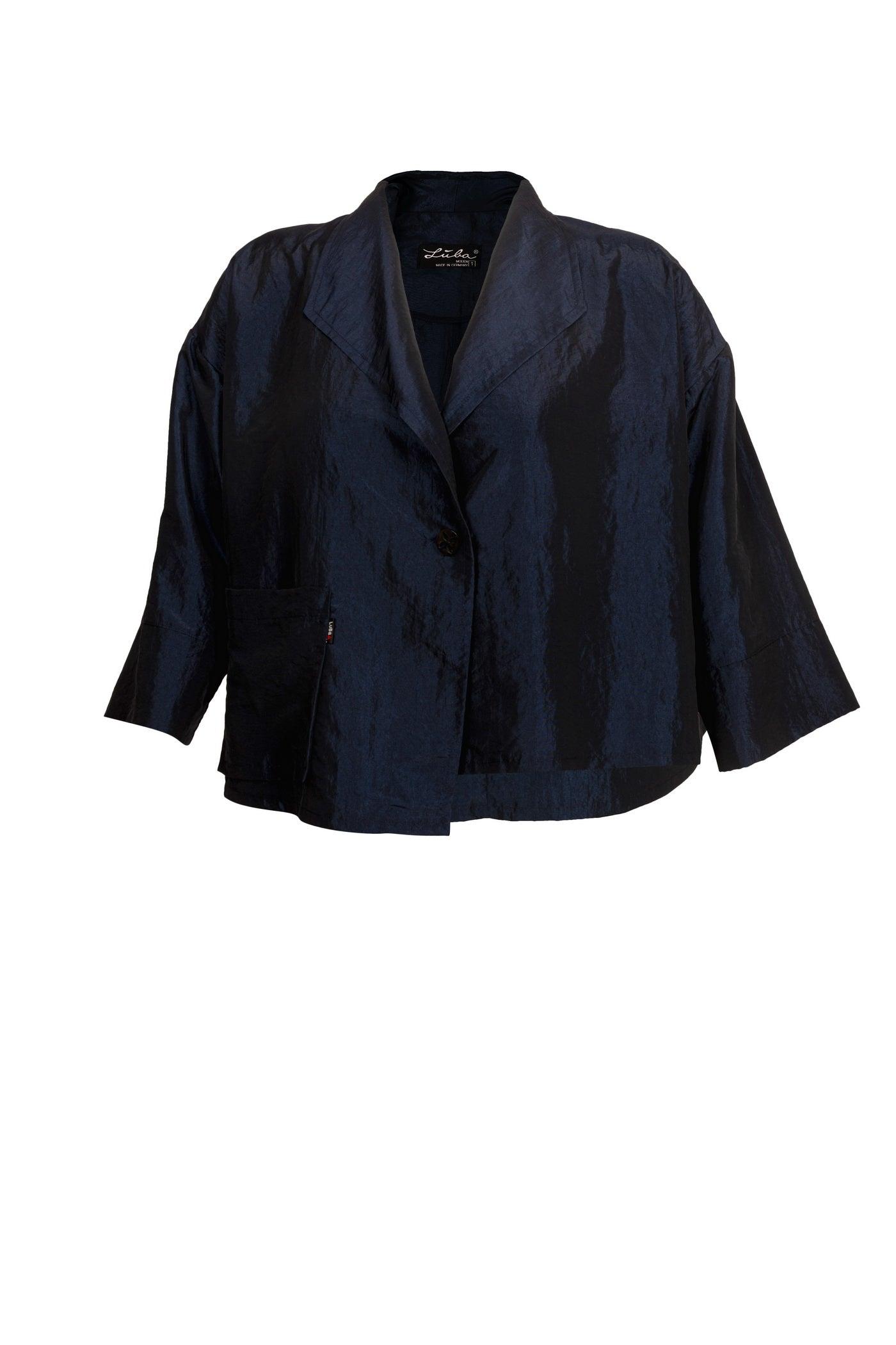 Frontansicht Blaue Taft-Jacke mit Kragen und asymmetrischer Ein-Knopf-Leiste