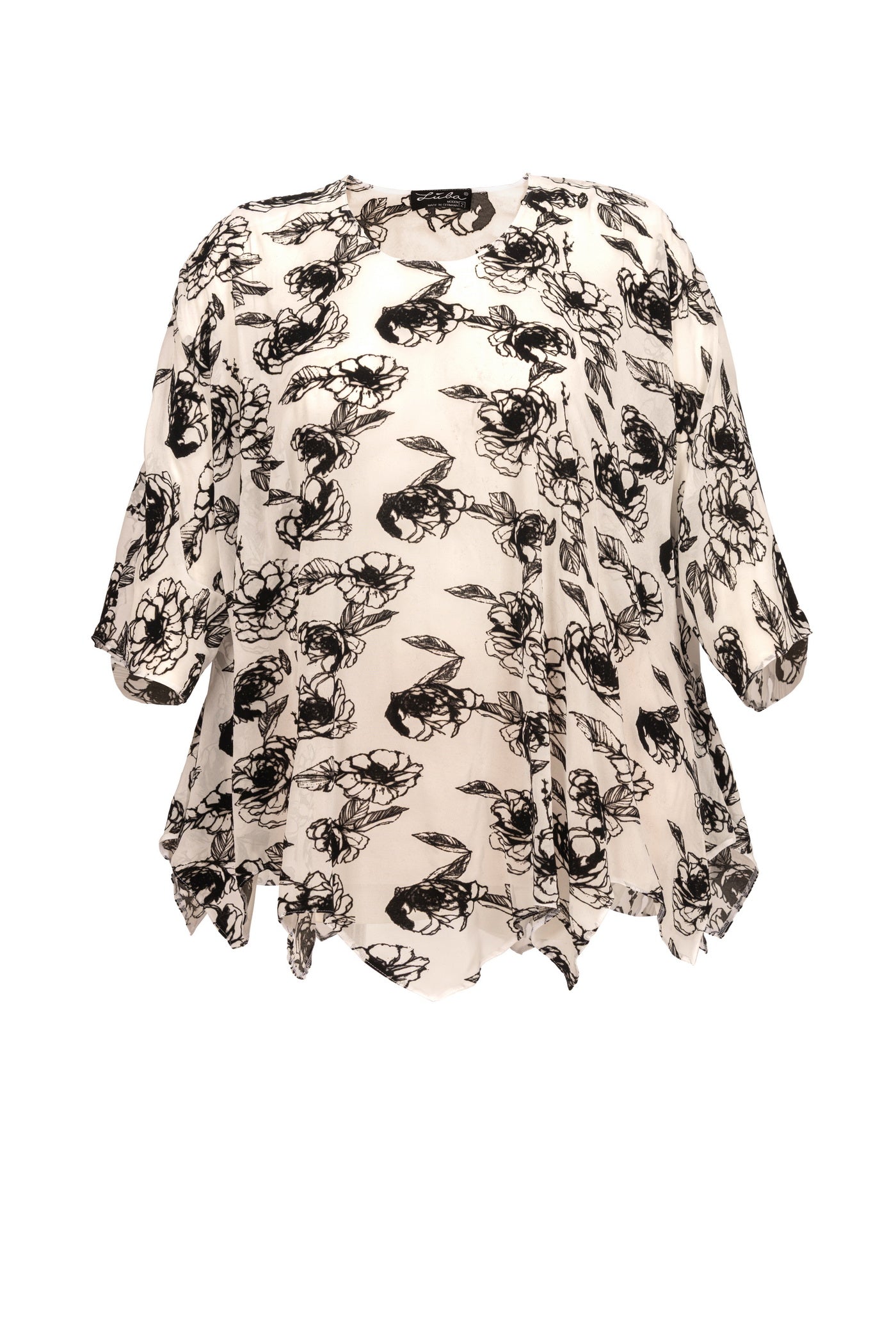 Elegante Chiffon Tunika mit extravagantem Flower Print und schwarzen Blüten – exklusive Plus-Size Damenmode von Lubamoden