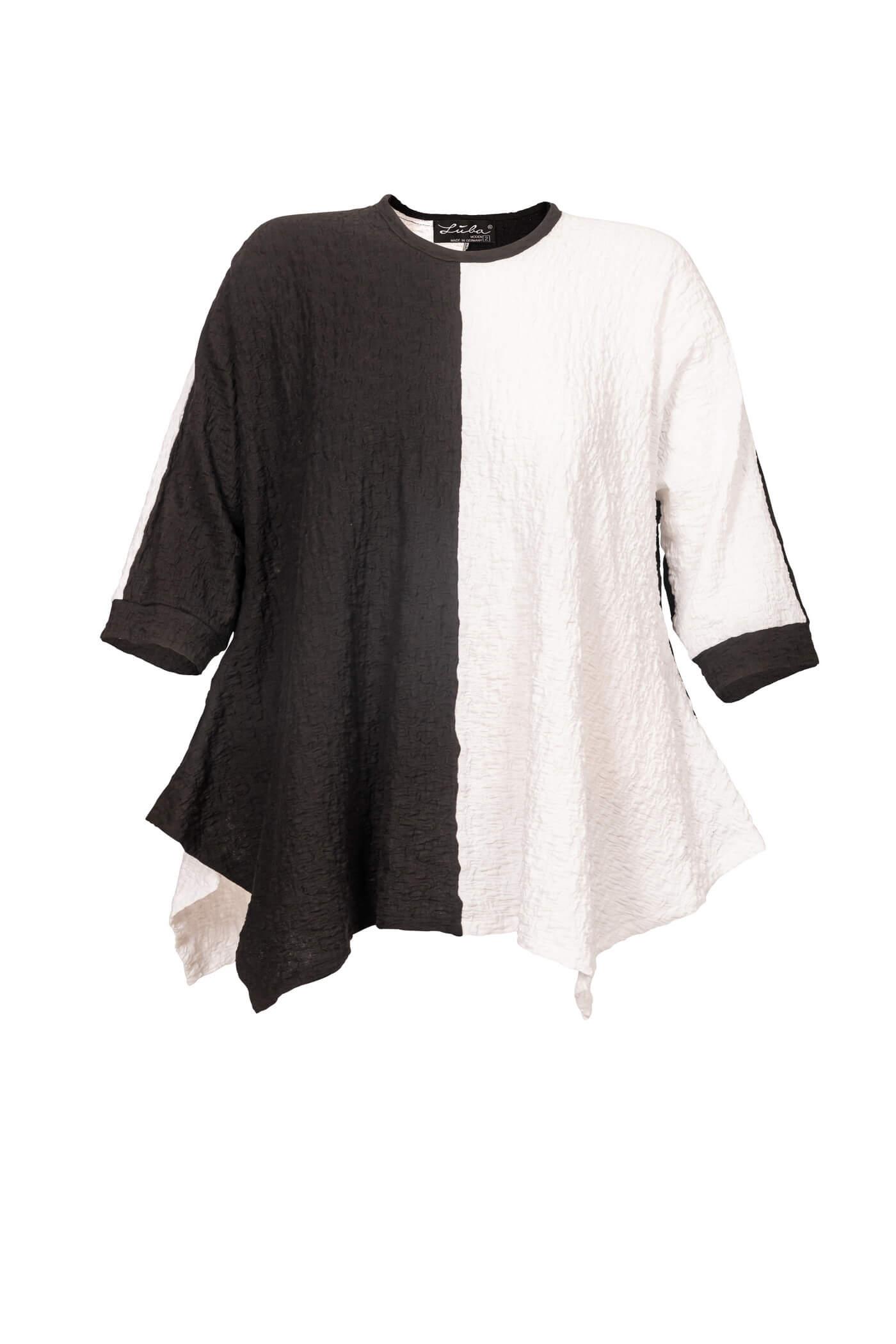 Elegante A-Linien Tunika in Crash Optik, Rundhalsausschnitt, Zipfelsaum und 3/4 Ärmeln, 85 cm lang, schwarz-weiß