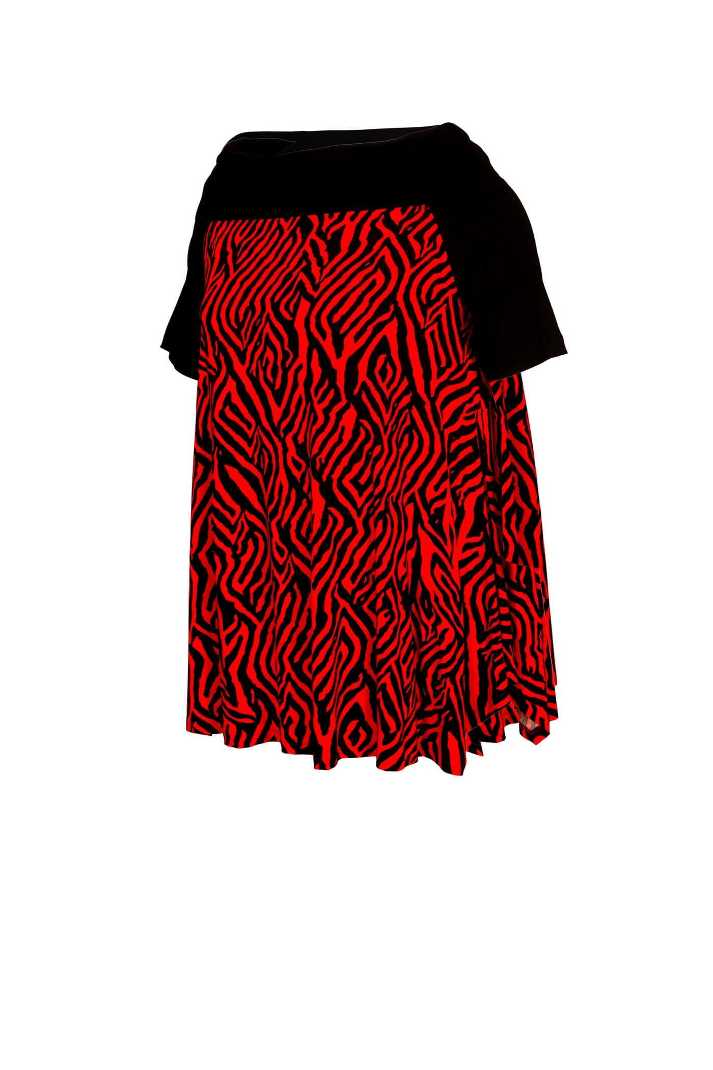 Elegante schwarz-rote Carmen-Tunika mit schwarzem Kragen und fließendem Viskose-Jersey-Stoff