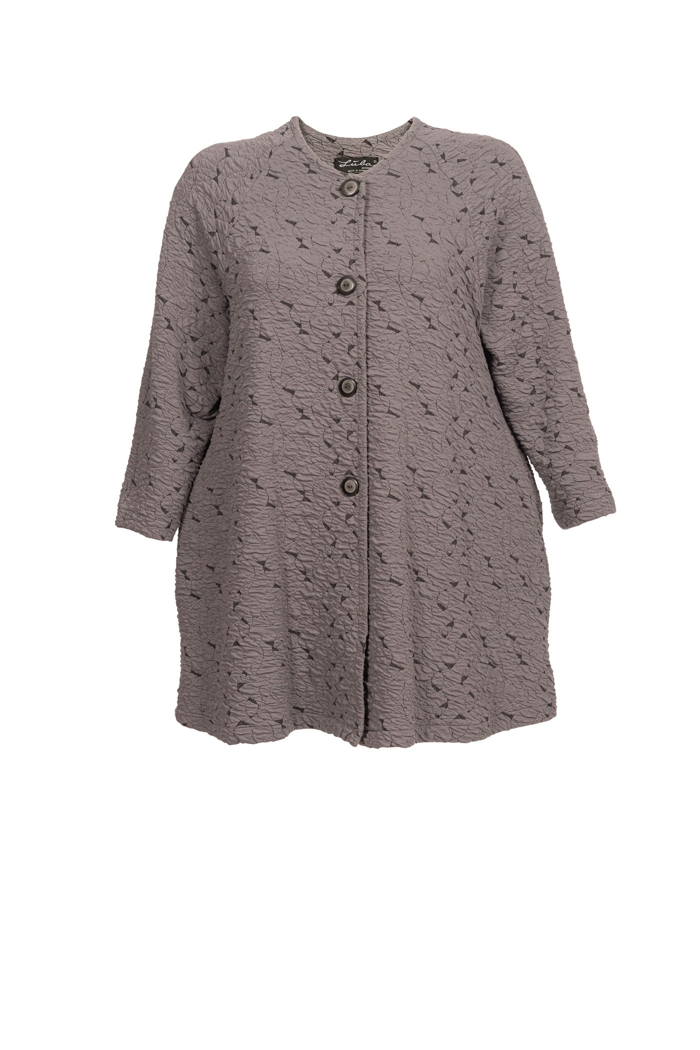 graue Jacquard-Jacke mit Raglanärmel Frontansicht mit weißem hintergund