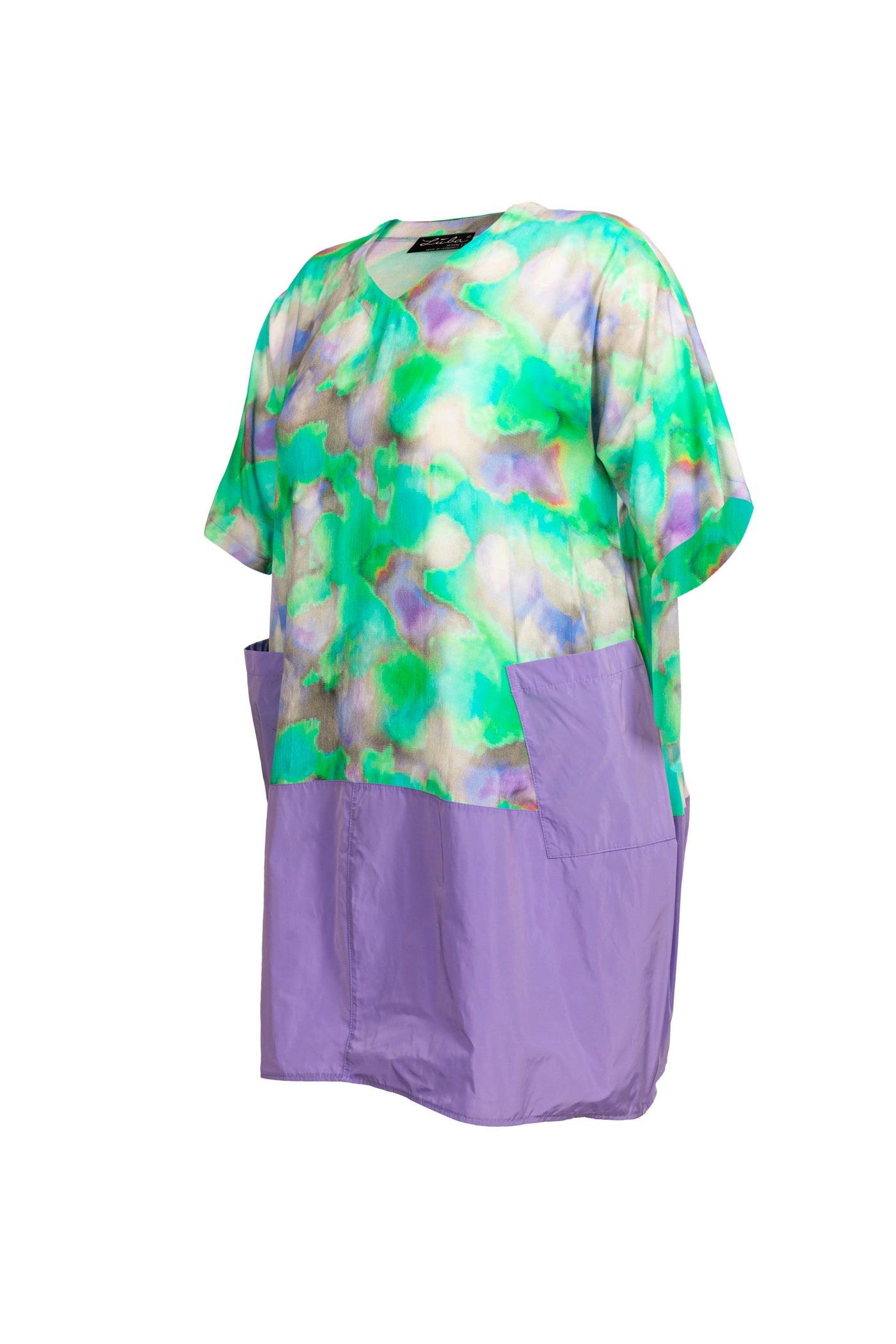 Grün-lila Stoff-Mix Kleid aus Viskose mit Taft-Rock Seitenansicht