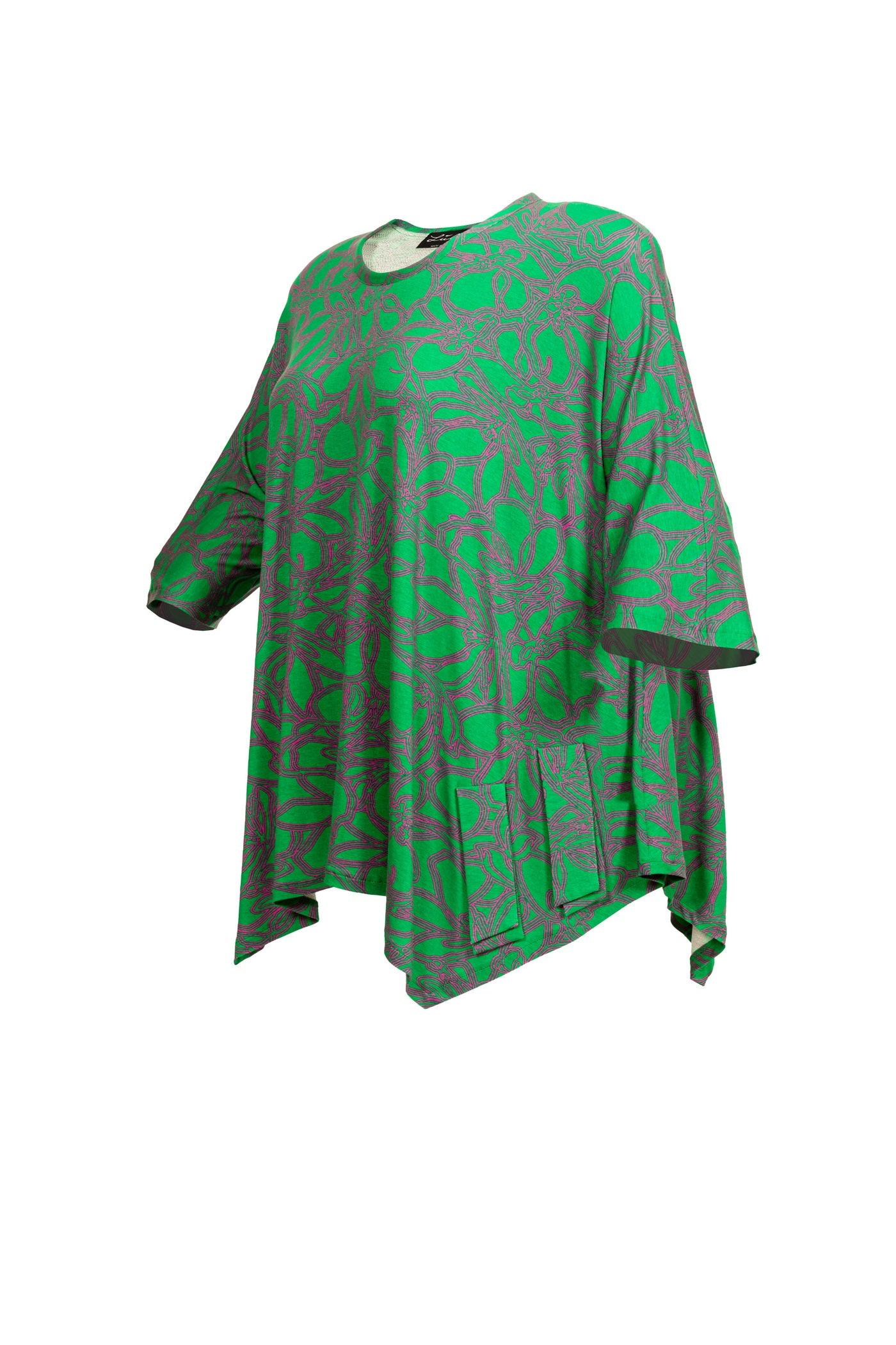 Seitenansicht der grün-pink gemusterten Jersey-Tunika mit Zipfelsaum