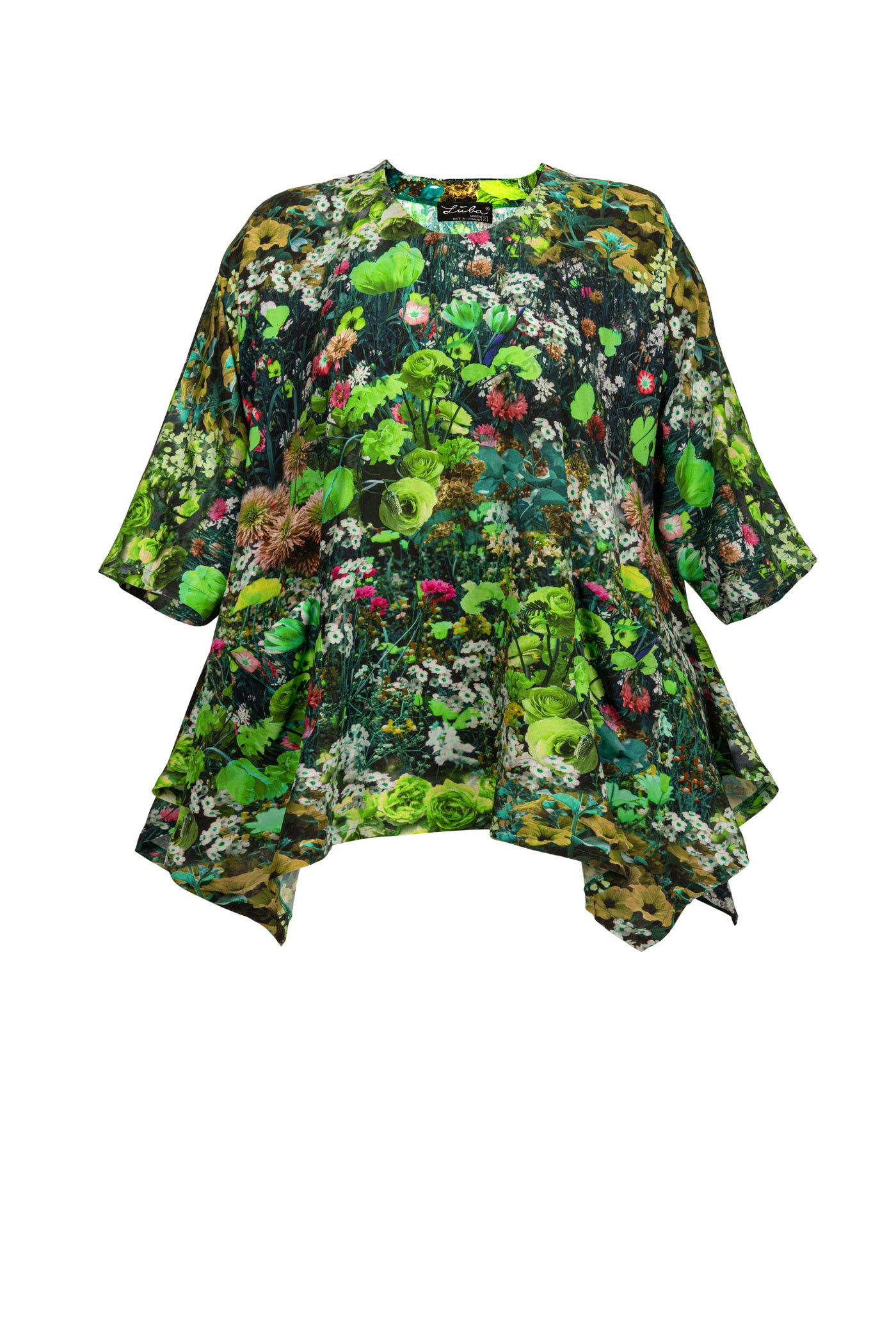 Grünliche Flower Print Viskose Tunika – stilvolle und luftige Damenmode in großen Größen von Lubamoden