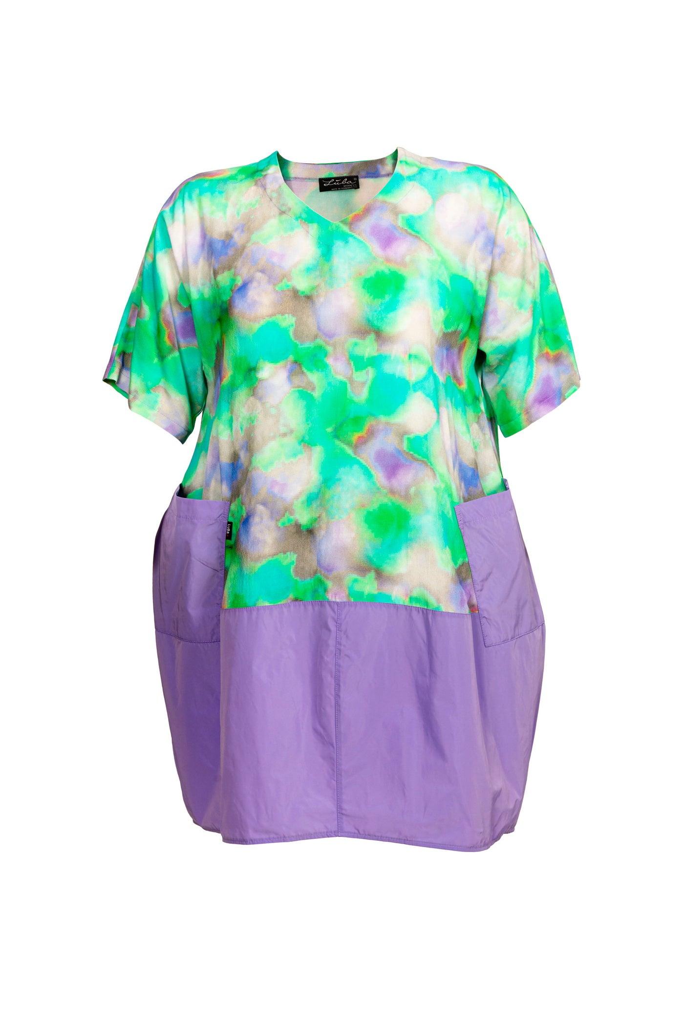 Grün-lila Stoff-Mix Kleid aus Viskose mit Taft-Rock und V-Ausschnitt Vorderansicht