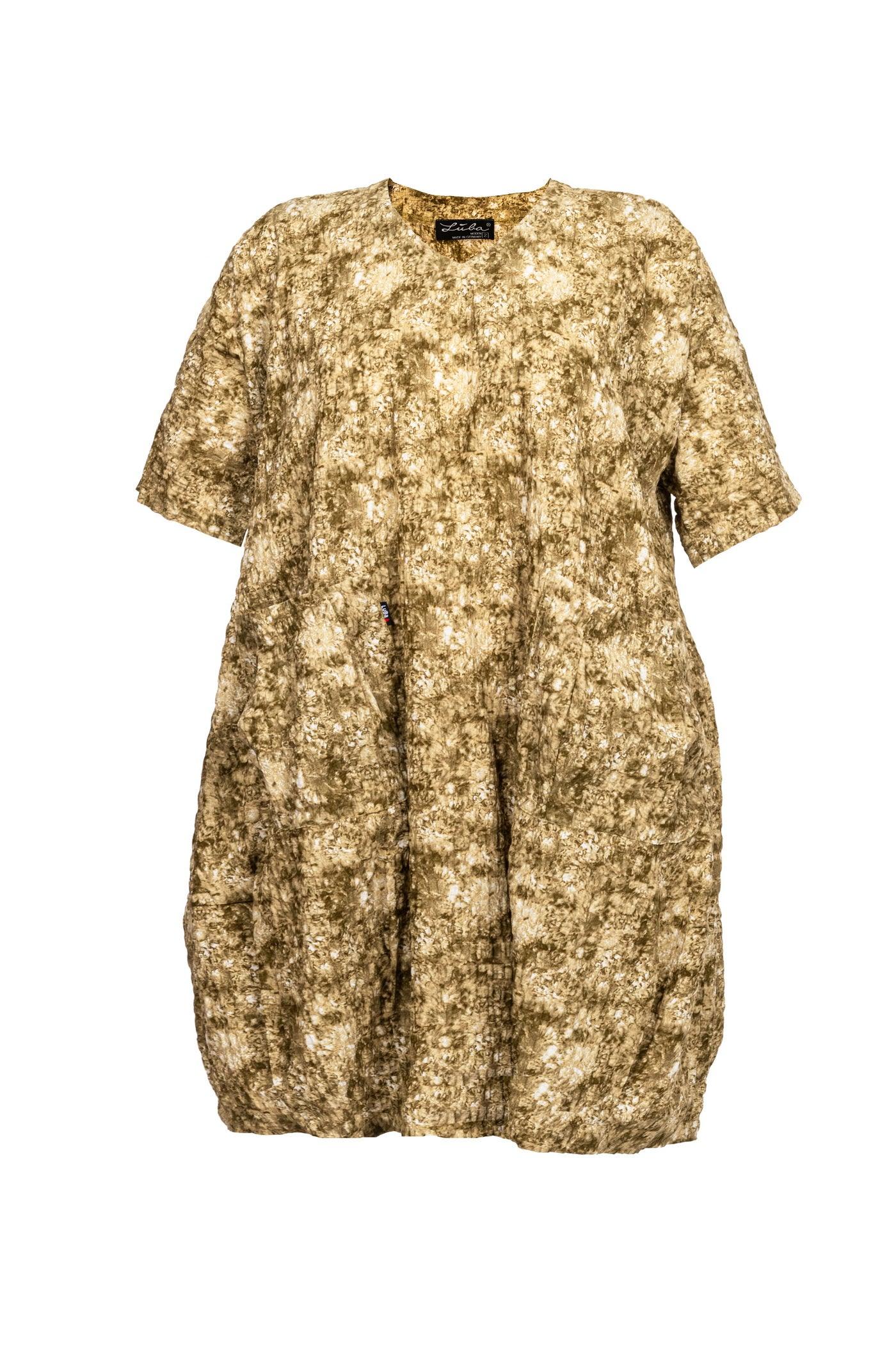 Khaki Baumwoll-Crash-Optik-Kleid mit Ballonrock - Vorderansicht