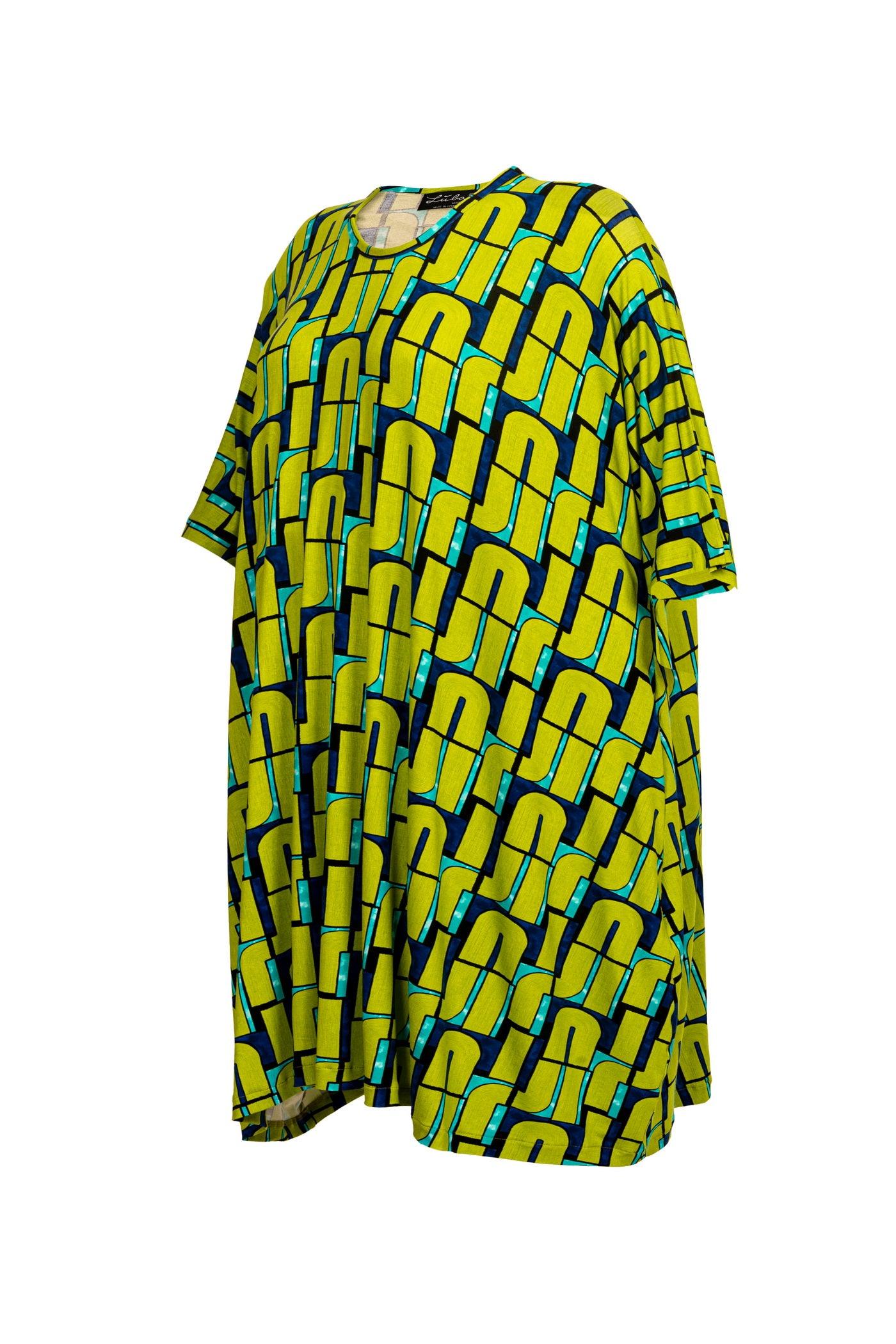 Detailansicht Grün-Blaues Maxi-Jersey-Ballon-Kleid mit Kapuze und Buchstaben-Muster