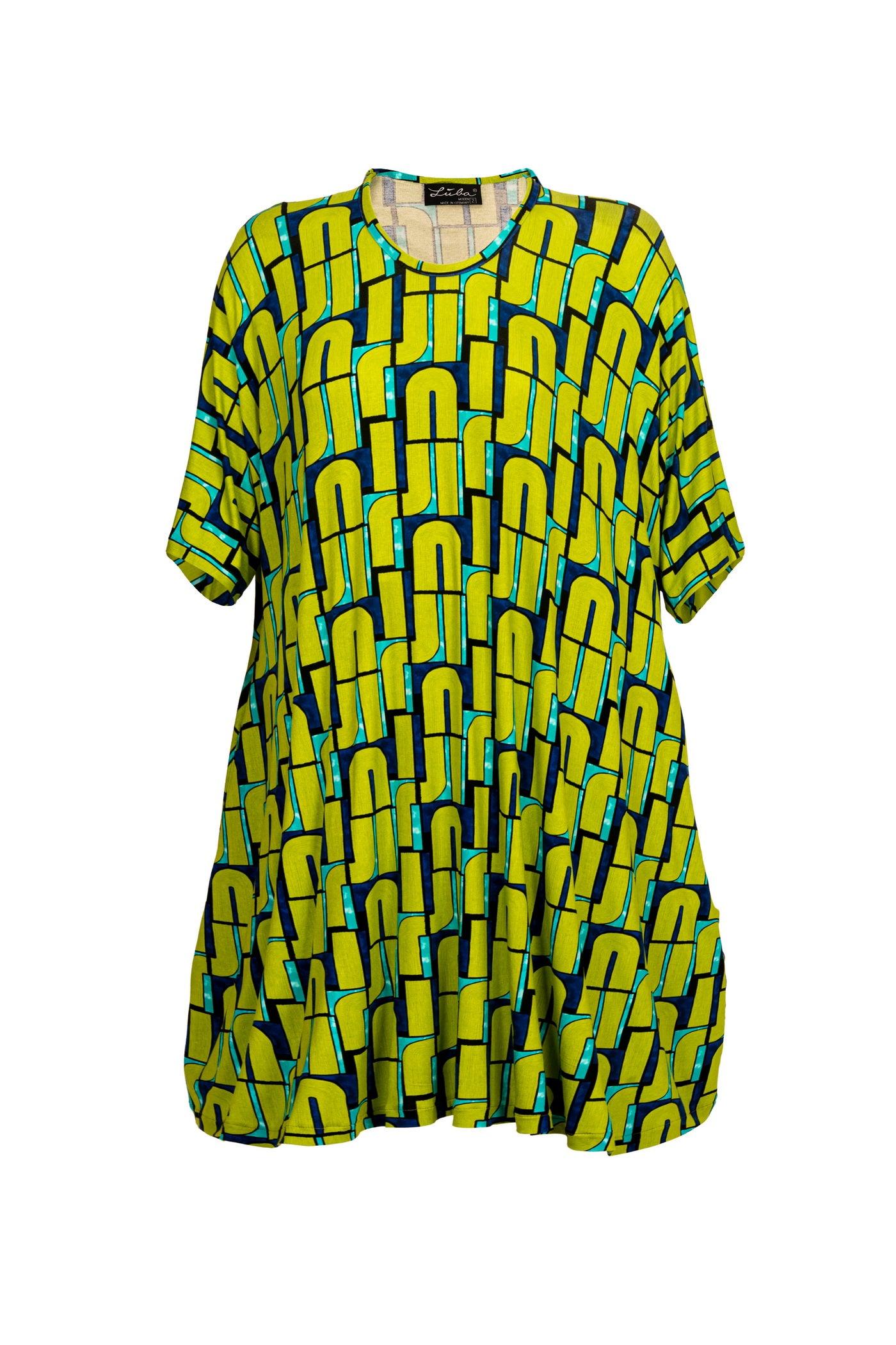 Frontansicht Grün-Blaues Maxi-Jersey-Ballon-Kleid mit Kapuze und Buchstaben-Muster