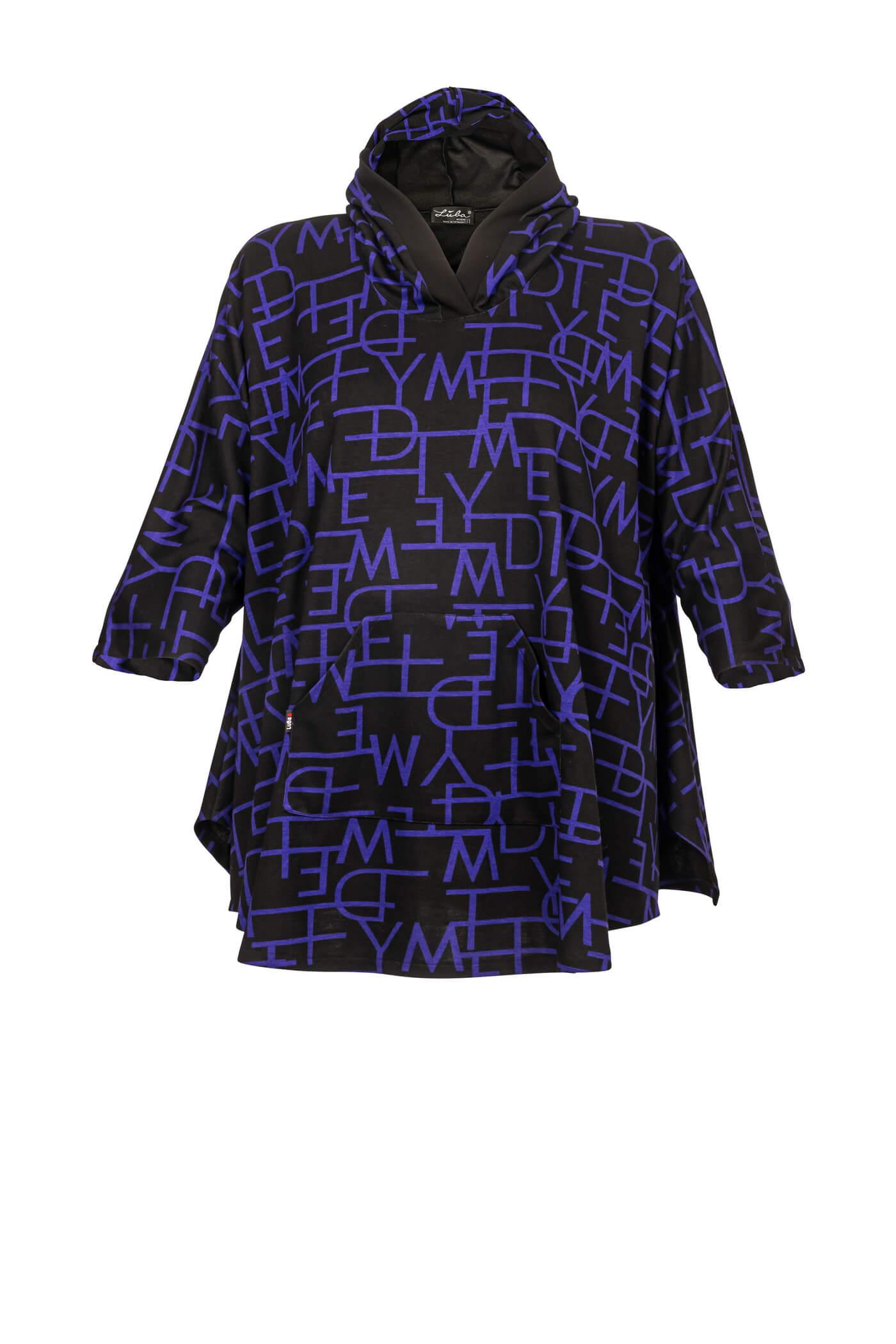 Modische Jersey-Tunika mit Allover-Print, A-Linie, Kapuze und langen Ärmeln, 92 cm lang, Schwarz-Lila.