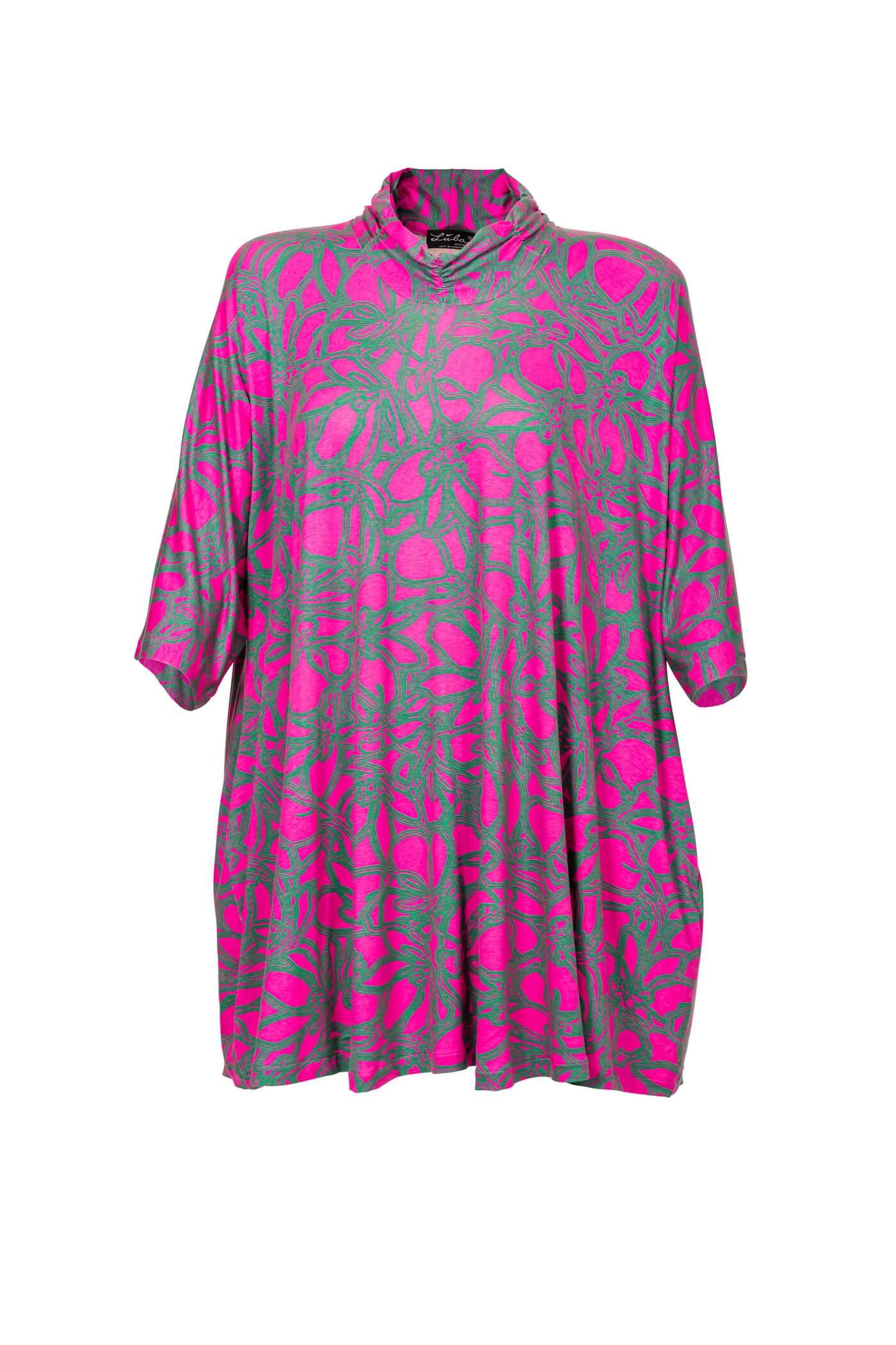 Modisches Jersey-Kleid mit Animal-Print, A-Linie, Stehkragen und langen Ärmeln, 100 cm lang, pink-grün.