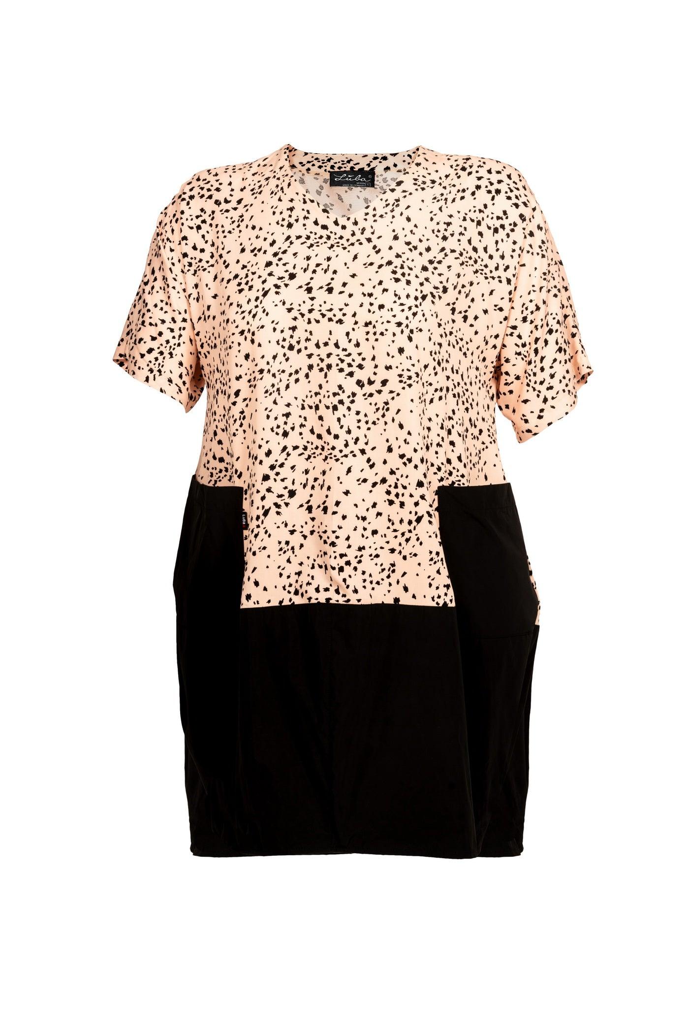 Rosé-schwarzes Stoff-Mix Kleid aus Viskose mit Taft-Rock und V-Ausschnitt Vorderansicht